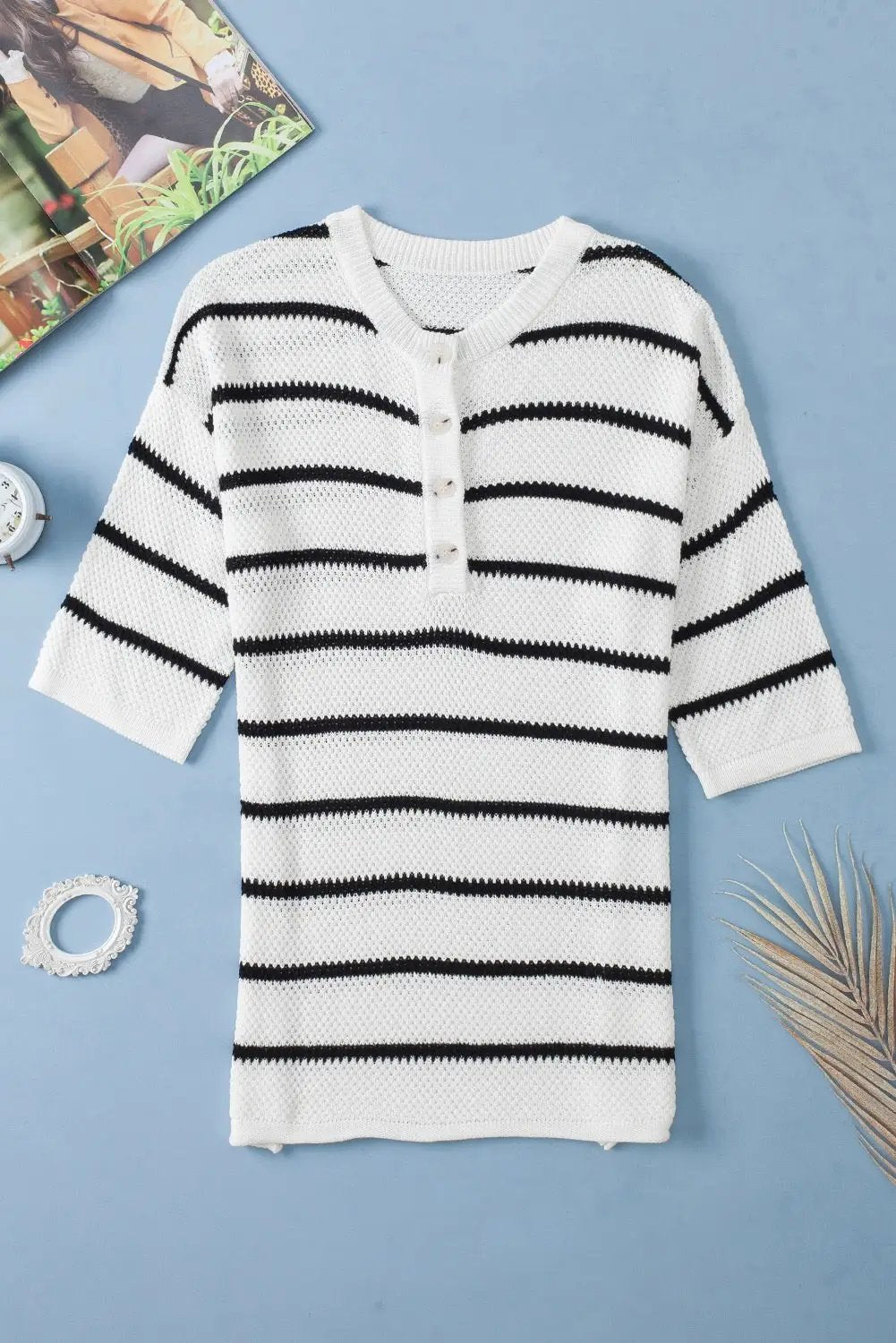 Grateful Threads Boutique White Stripe Henley Buttoned Placket Drop Shoulder Bracelet Sleeve Knit Sweater Tee - Sweaters White Stripe Henley Buttoned Placket Drop Shoulder Bracelet Sleeve Knit Sweater Tee
