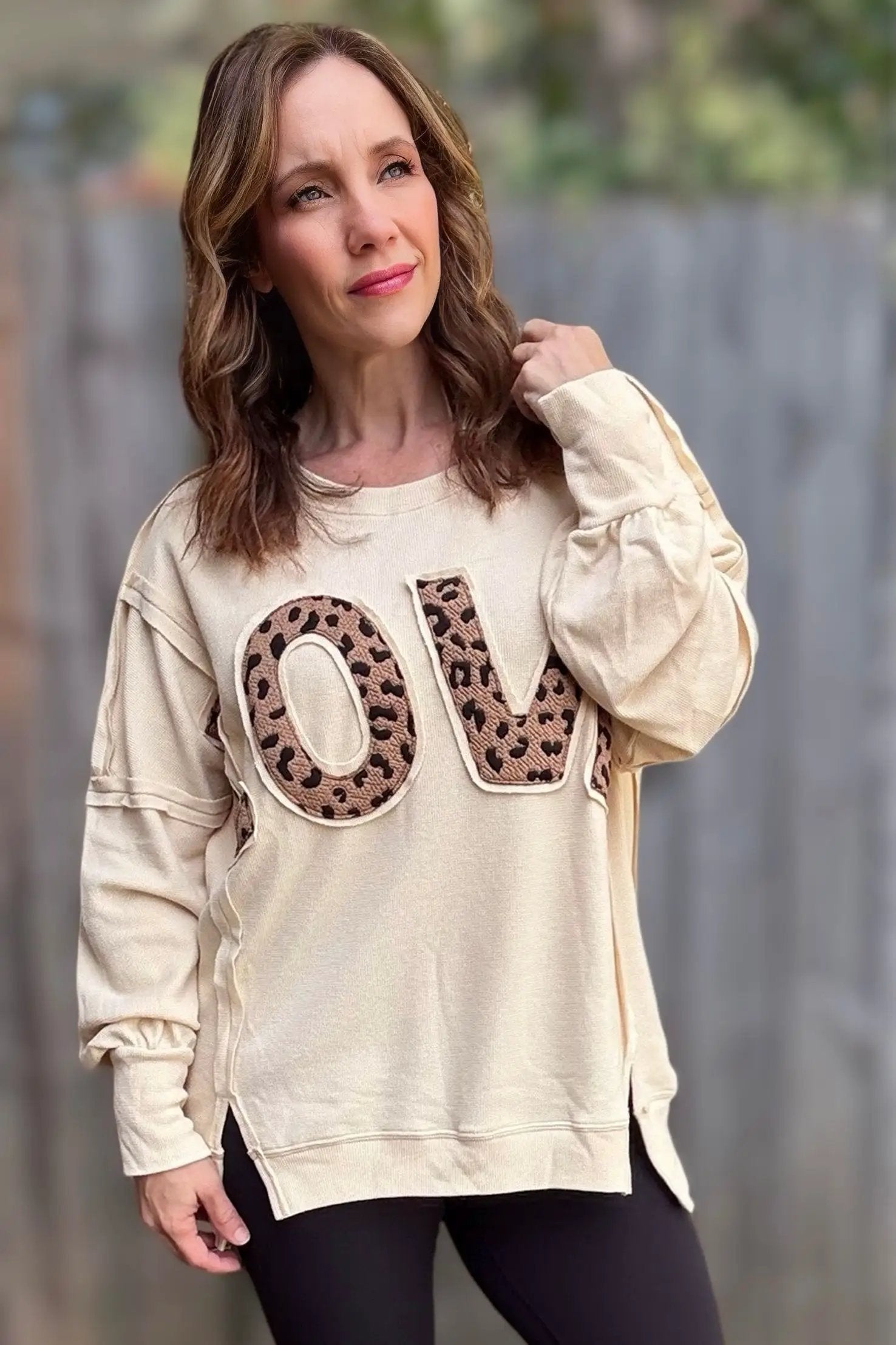 Grateful Threads Boutique Wild About Love Sweatshirt - Sweatshirts White Oversize Leopard LOVE Patched Graphic Round Neck Casual Sweatshirt