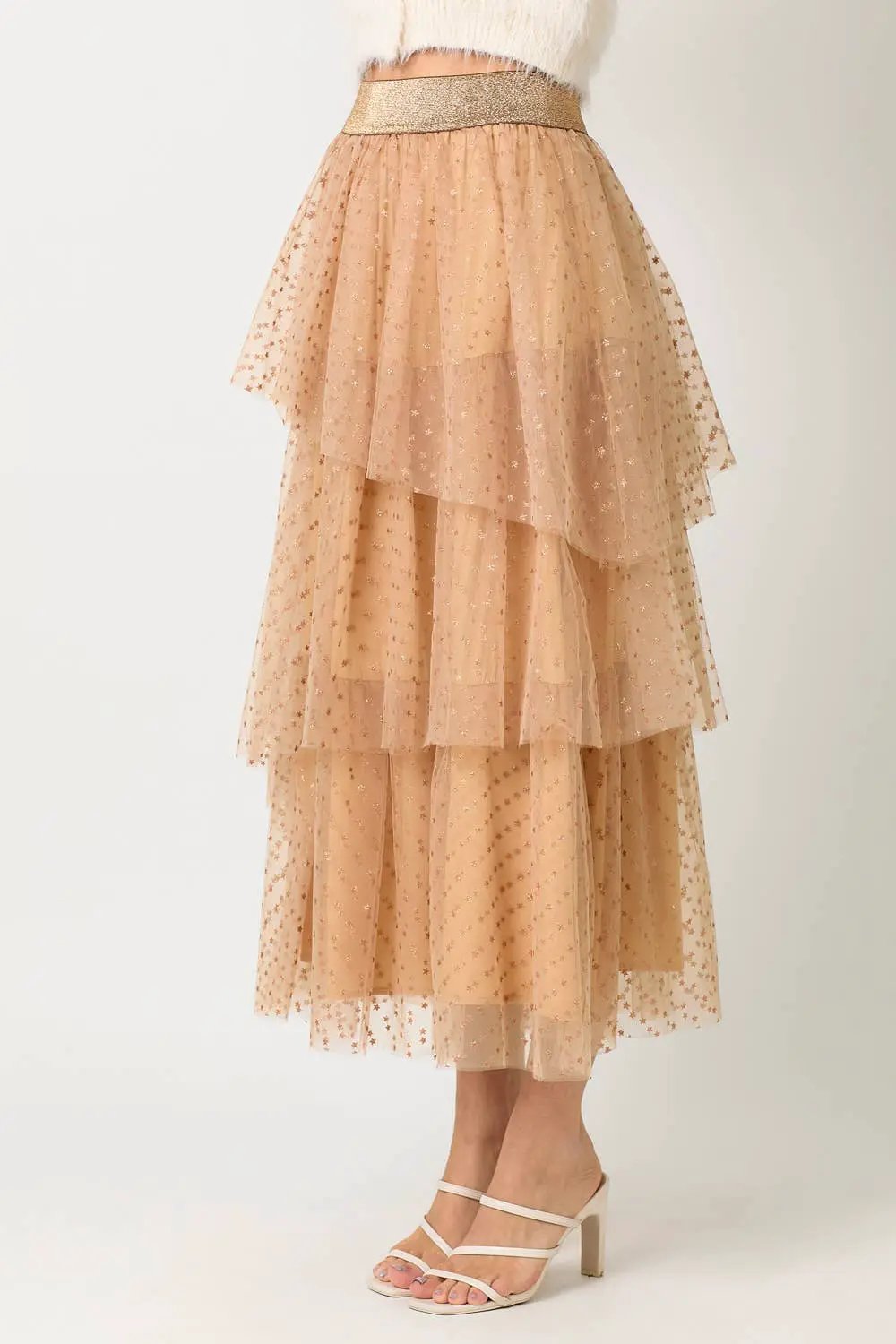Mystree Mystree Peach/Gold Asymmetrical Tiered Ruffle Tulle Skirt - Skirts