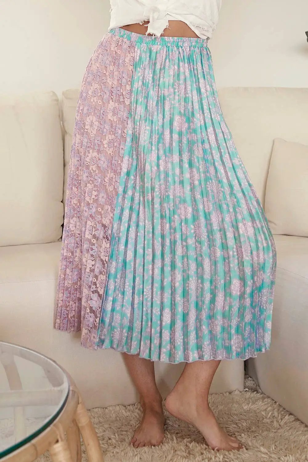 Mystree Mystree Mixed Media Midi Skirt: Teal/Lavender - Skirts