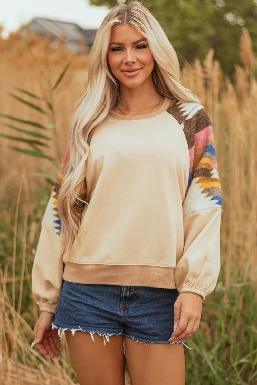 Grateful Threads Boutique Light French Beige Aztec Patchwork Raglan Pullover Sweatshirt - Sweatshirts Light French Beige Aztec Patchwork Raglan Pullover Sweatshirt