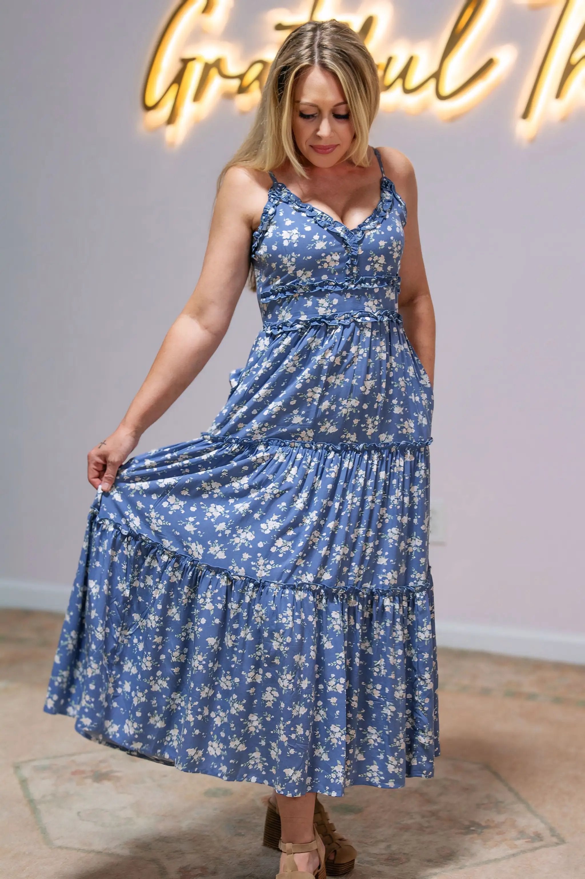 Grateful Threads Boutique Blue Floral Spaghetti Strap Frilled V-Neck Tiered Midi Dress - Dresses Blue Floral Spaghetti Strap Frilled V Neck Tiered Midi Dress