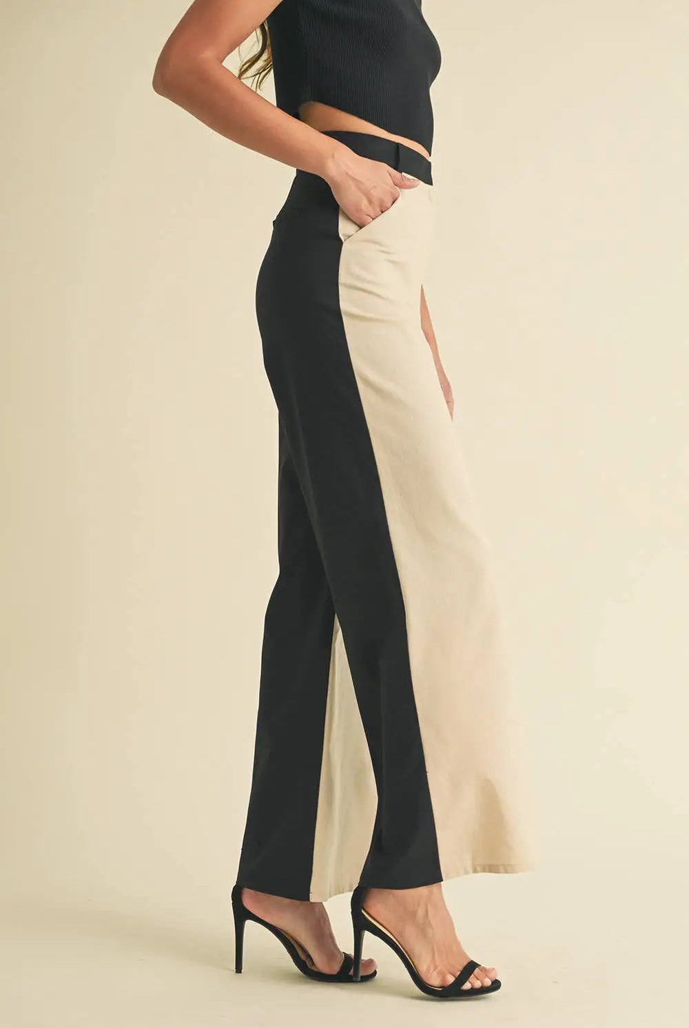 Endless Blu Endless Blu Black/Almond Color Block Linen Trouser Pants - Pants