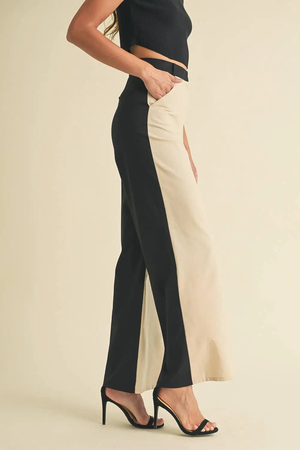 Endless Blu Endless Blu Black/Almond Color Block Linen Trouser Pants - Pants