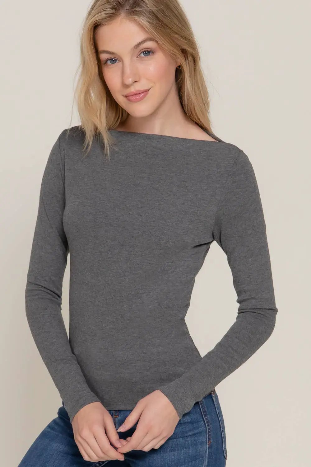Active Basic | Active USA Chasing Charcoal Wide Boat Neck Ribbed Knit Top - Shirts