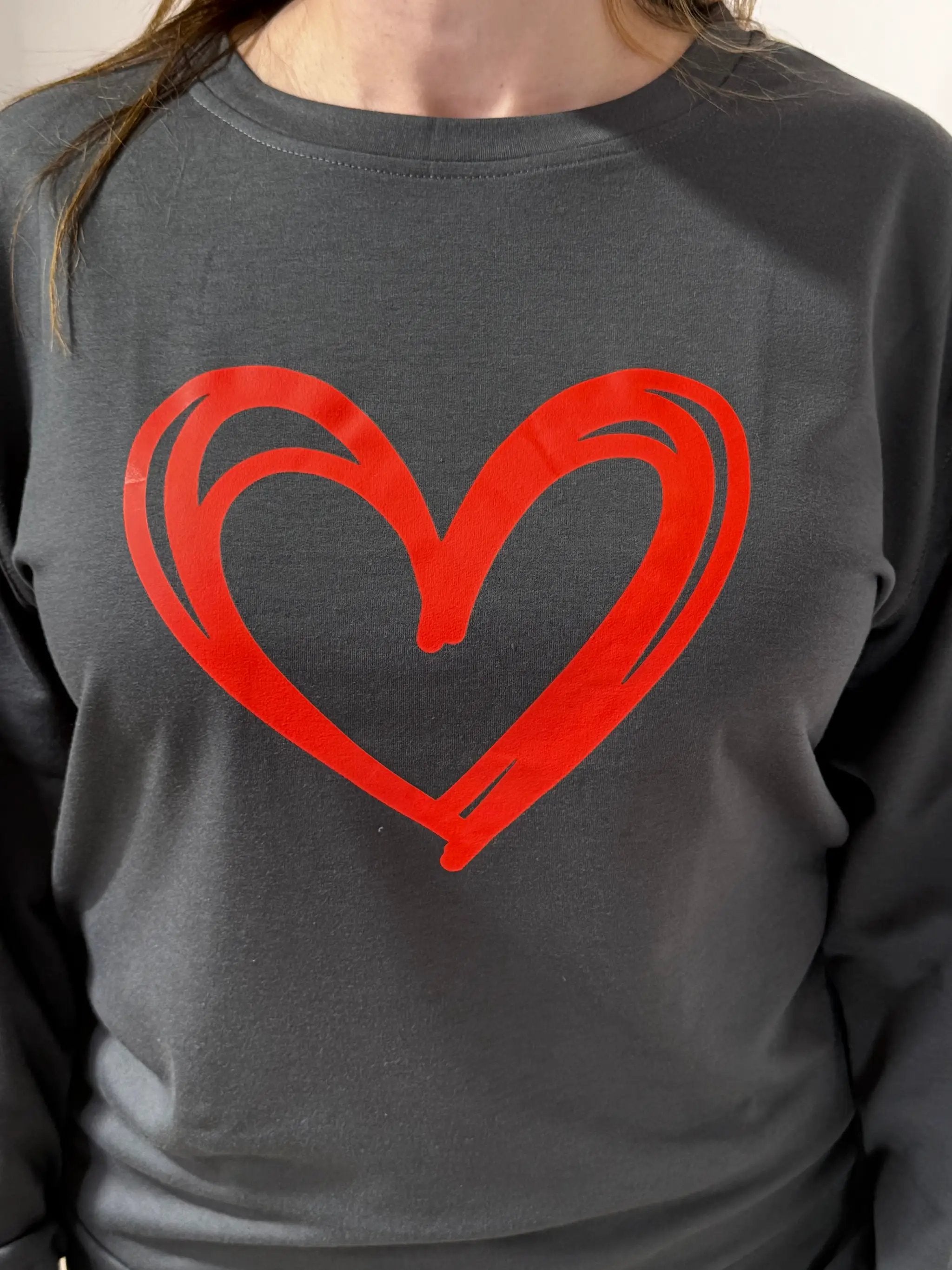 Grateful Threads Boutique Heartfelt Everyday Love Sweatshirt – Charcoal with Red Heart - Sweatshirts
