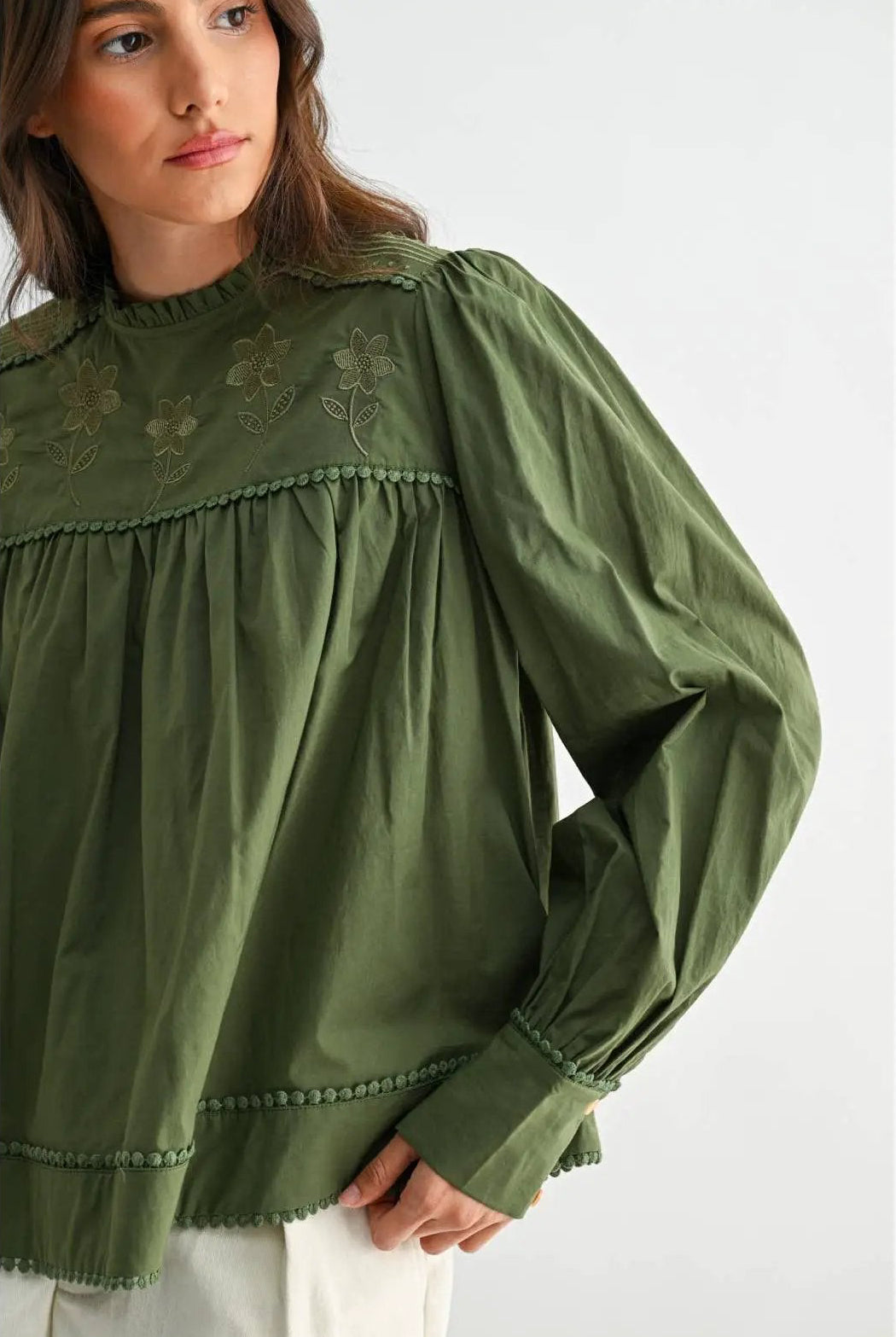 Camellia Camellia - EMBROIDERED OLIVE PUFF SLEEVE BLOUSE WTIH TRIM: OLIVE GREEN / S-M-L(3-2-1) -