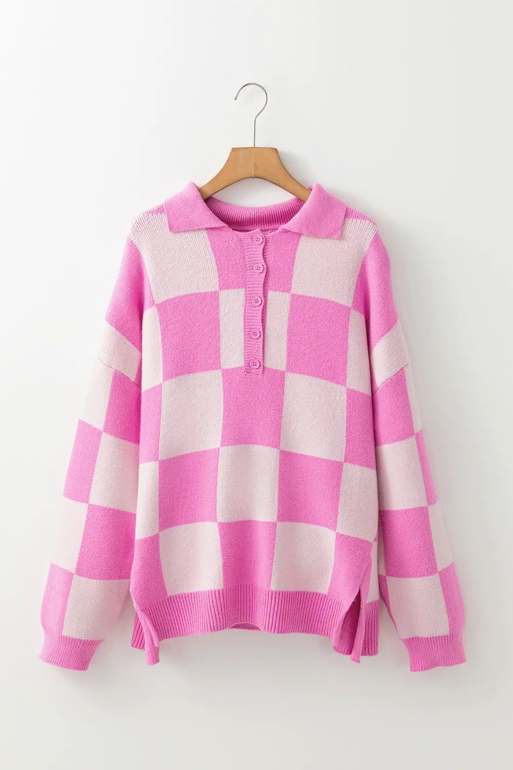 Grateful Threads Boutique Pink Checkerboard Half Button Collared Drop Shoulder Sweater - Sweaters Pink Checkerboard Half Button Collared Drop Shoulder Sweater