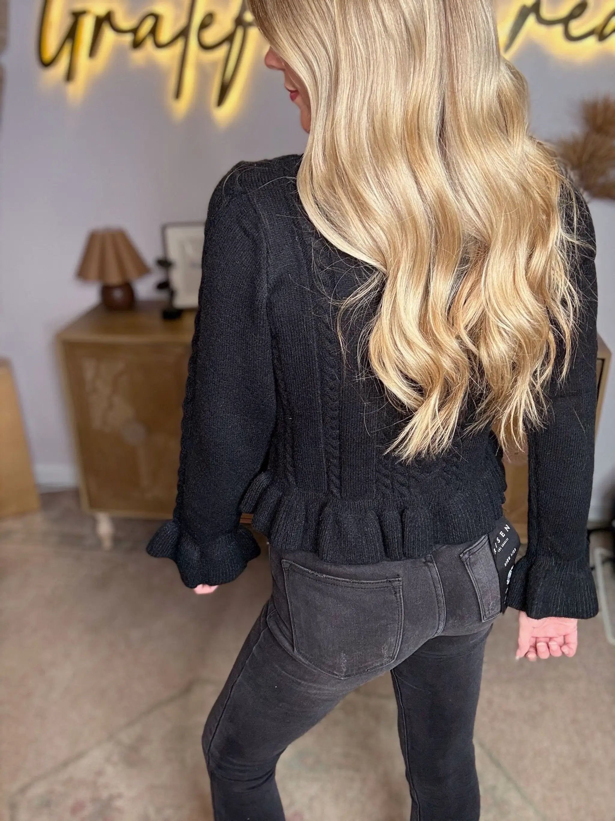 Grace & Emma Sweet Serenity Black Ruffle Hem Peplum Sweater - Sweaters black ruffle hem sweater