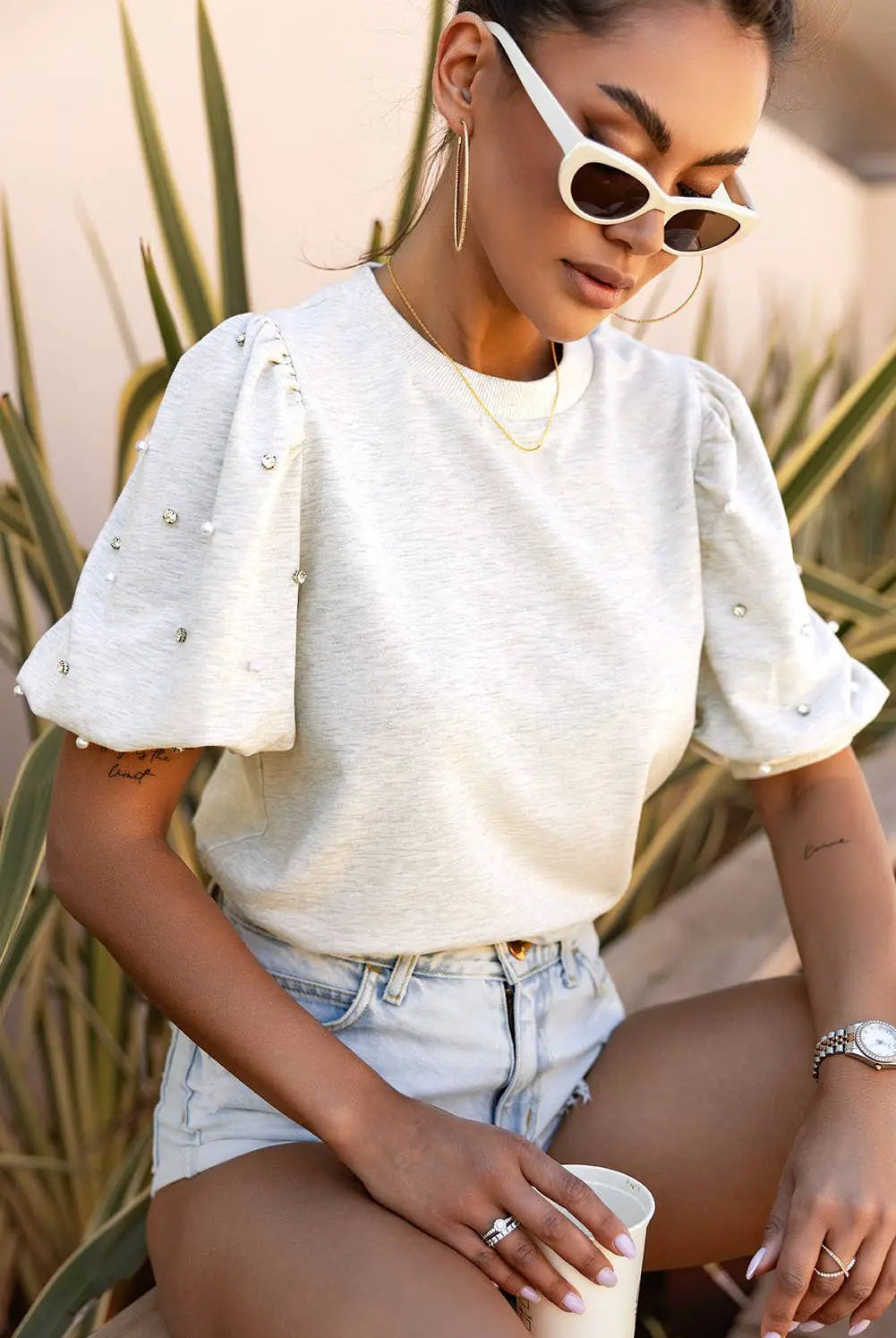 1 the Woman Rhinestone Pearl Puff Half Sleeve Top - Shirts Rhinestone Pearl Puff Half Sleeve Top