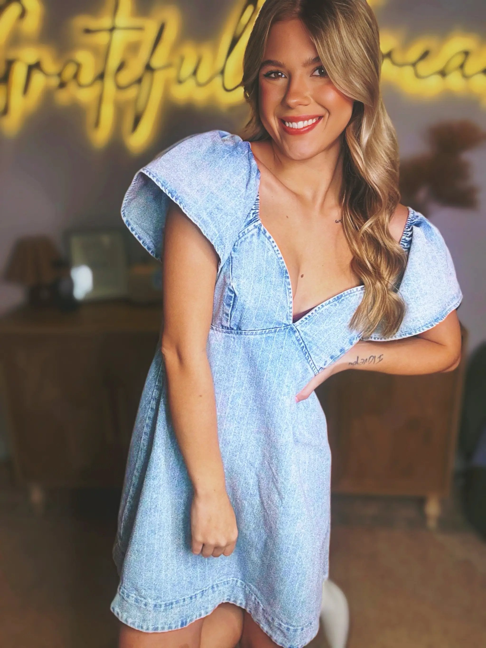 So Me Washed Striped Denim Dress with Back Tie - Dresses Apparel & Accessories