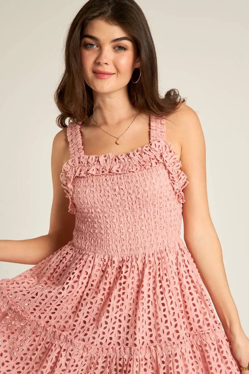 En Crème En Crème Sleeveless Square Neck Eyelet Mini Dress - Dresses