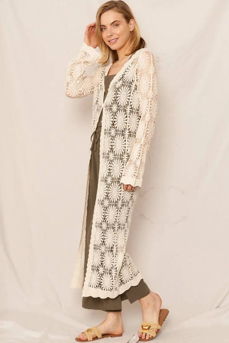 En Crème En Crème Natural Flower Pattern Crochet Maxi Kimono Cardigan - Cardigans