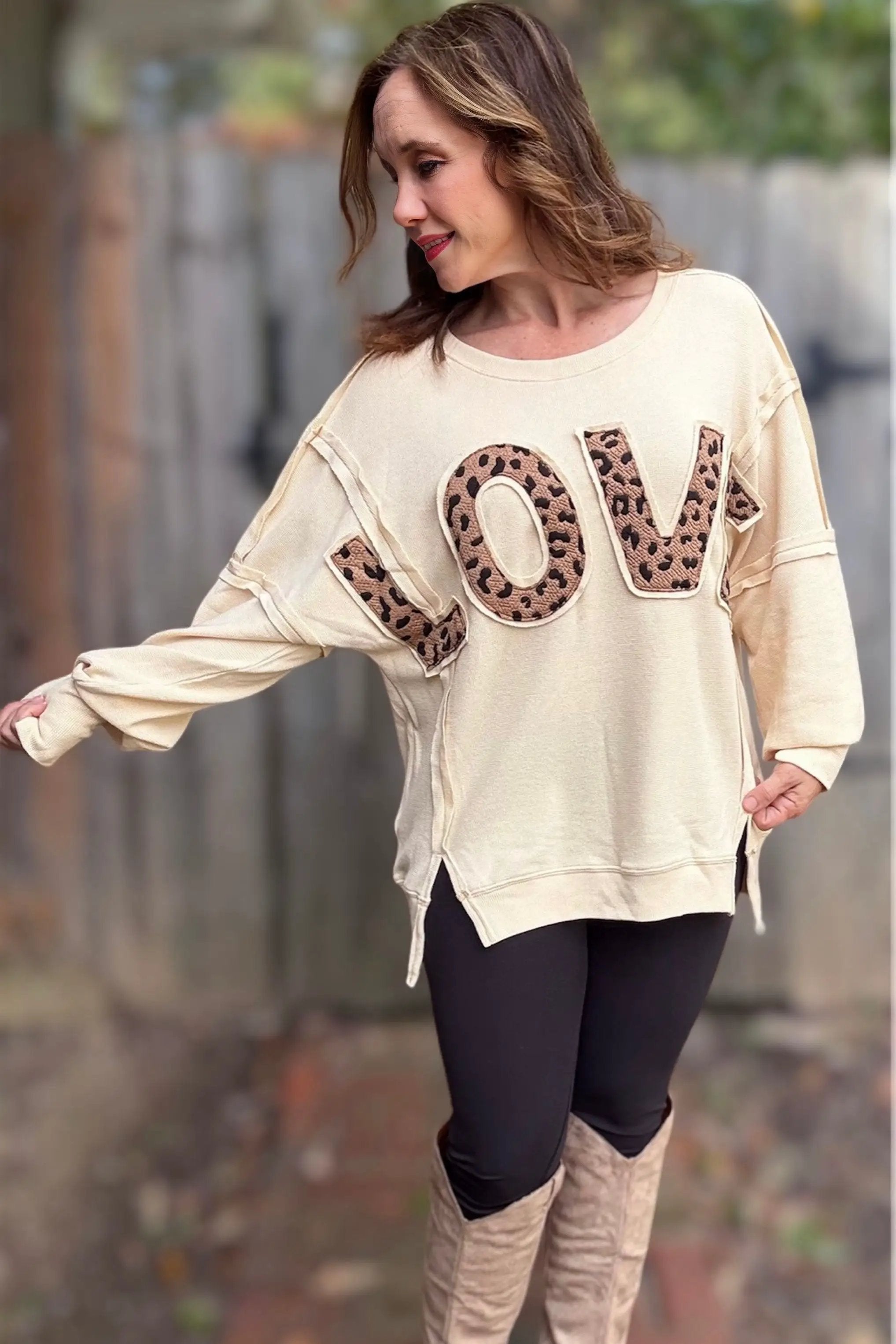 Grateful Threads Boutique Wild About Love Sweatshirt - Sweatshirts White Oversize Leopard LOVE Patched Graphic Round Neck Casual Sweatshirt
