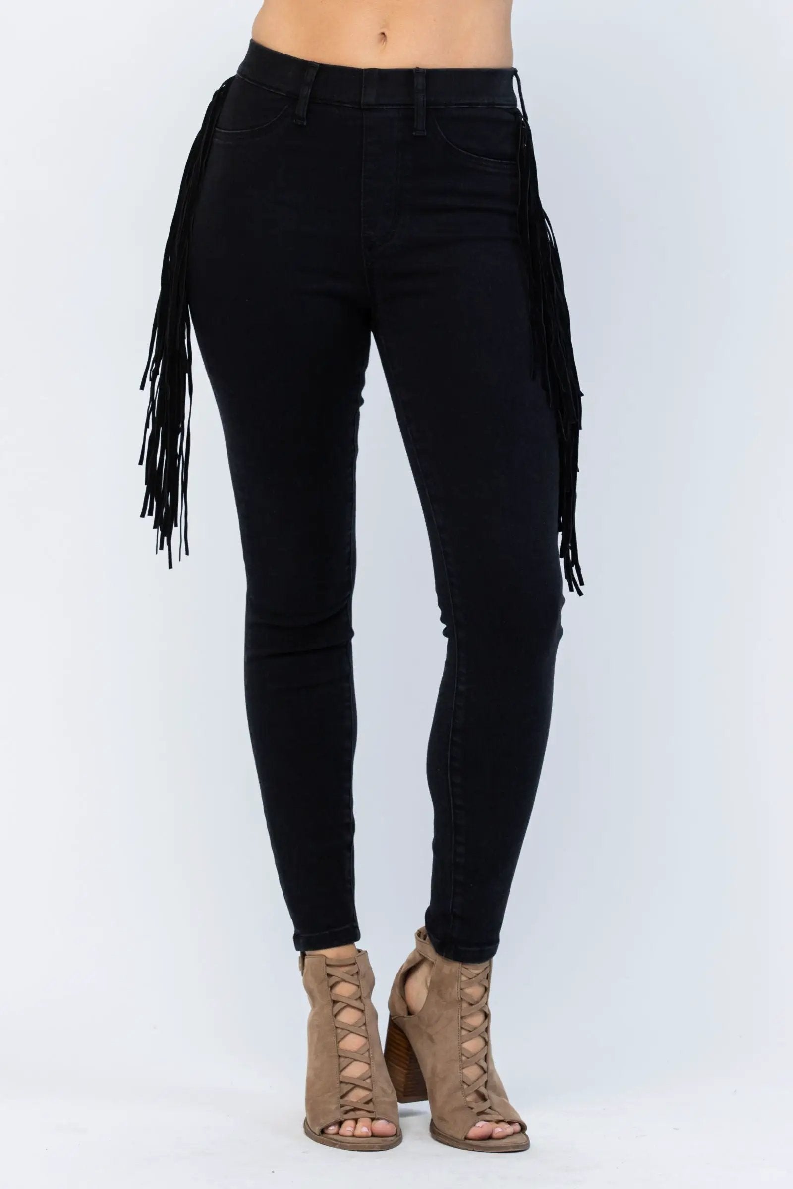 Judy Blue The Side Fringe Skinny Mid Rise Jegging - Jeans Judy Blue Black Jeggings with Side Fringe Skinny Leg MId Rise