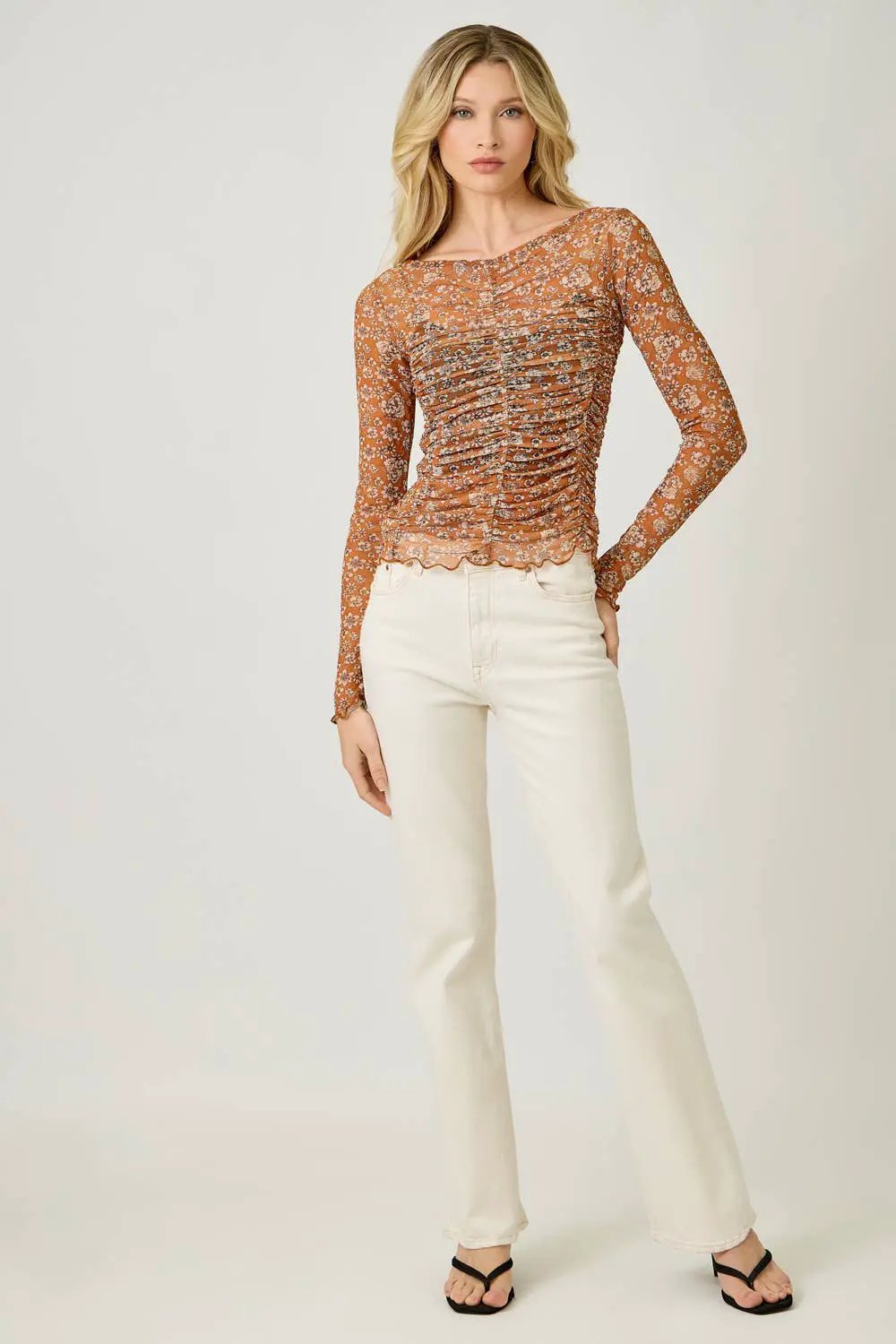 Mystree Mystree - Autumn Bloom Lettuce Hem Mesh Floral Top - Blouses