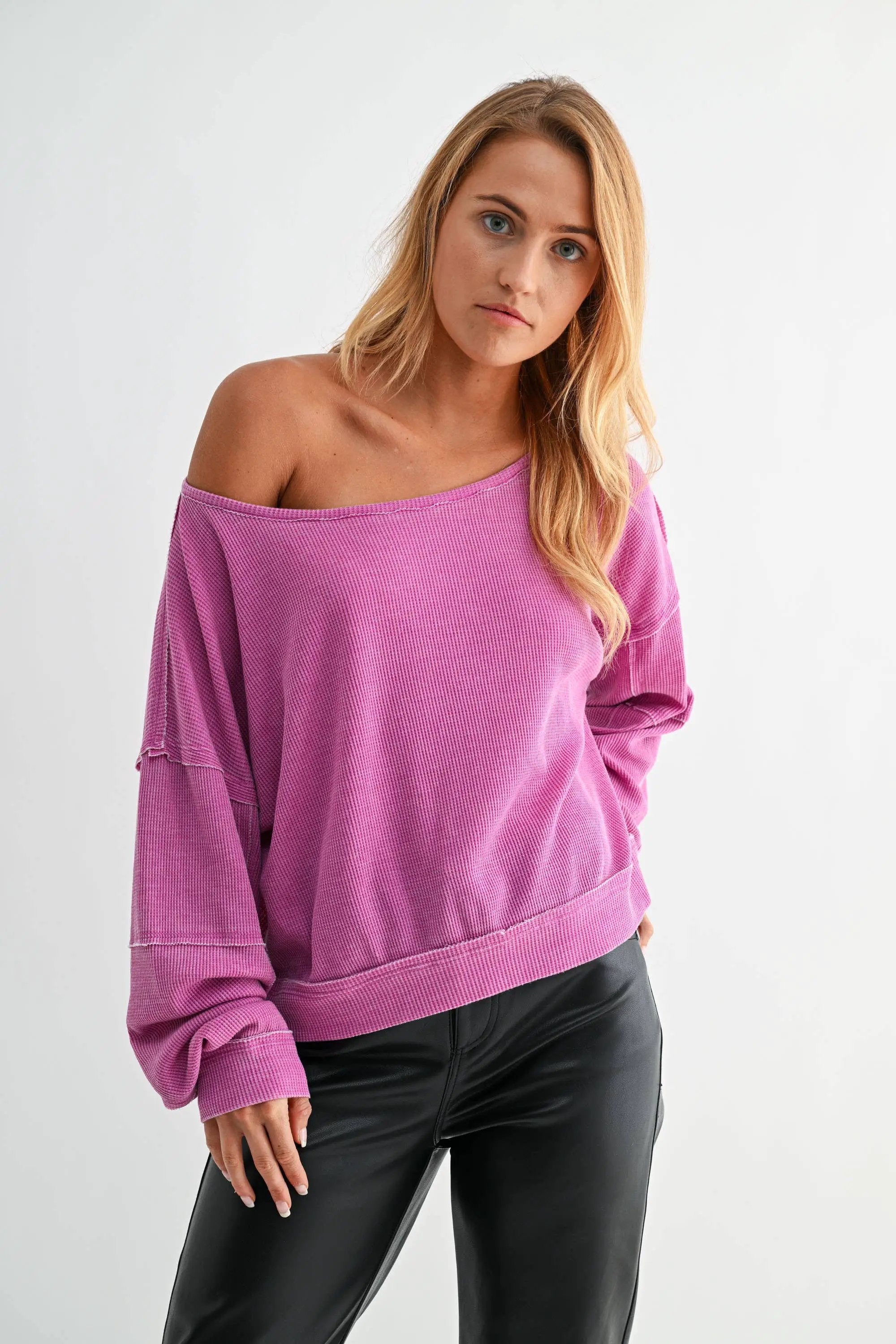 Mono B Mono B - Raw Edge Waffle Knit Boatneck Pullover - Sweaters Mono B - Raw Edge Waffle Knit Boatneck Pullover