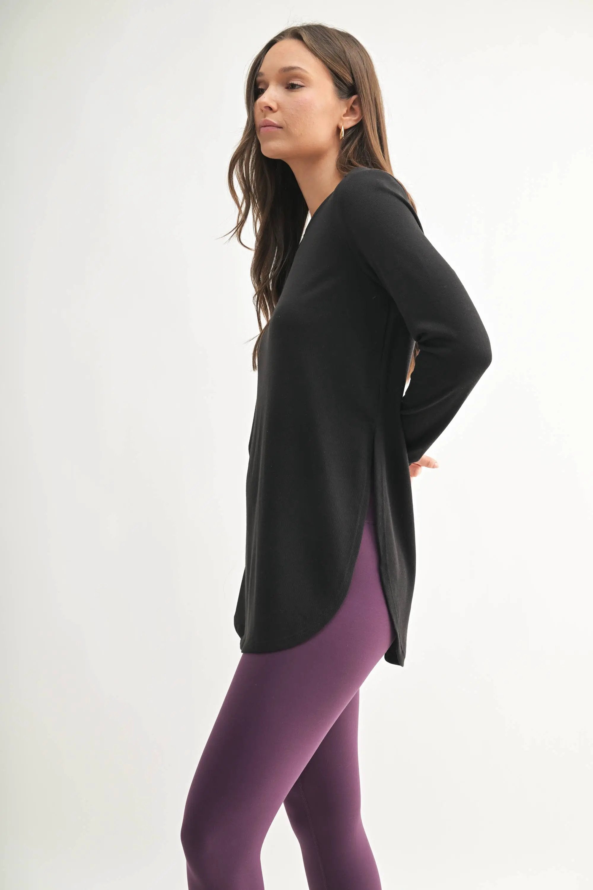 Mono B Mono B - Long Sleeve Flow Top with Side Slit - Tunics Mono B - Long Sleeve Flow Top with Side Slit