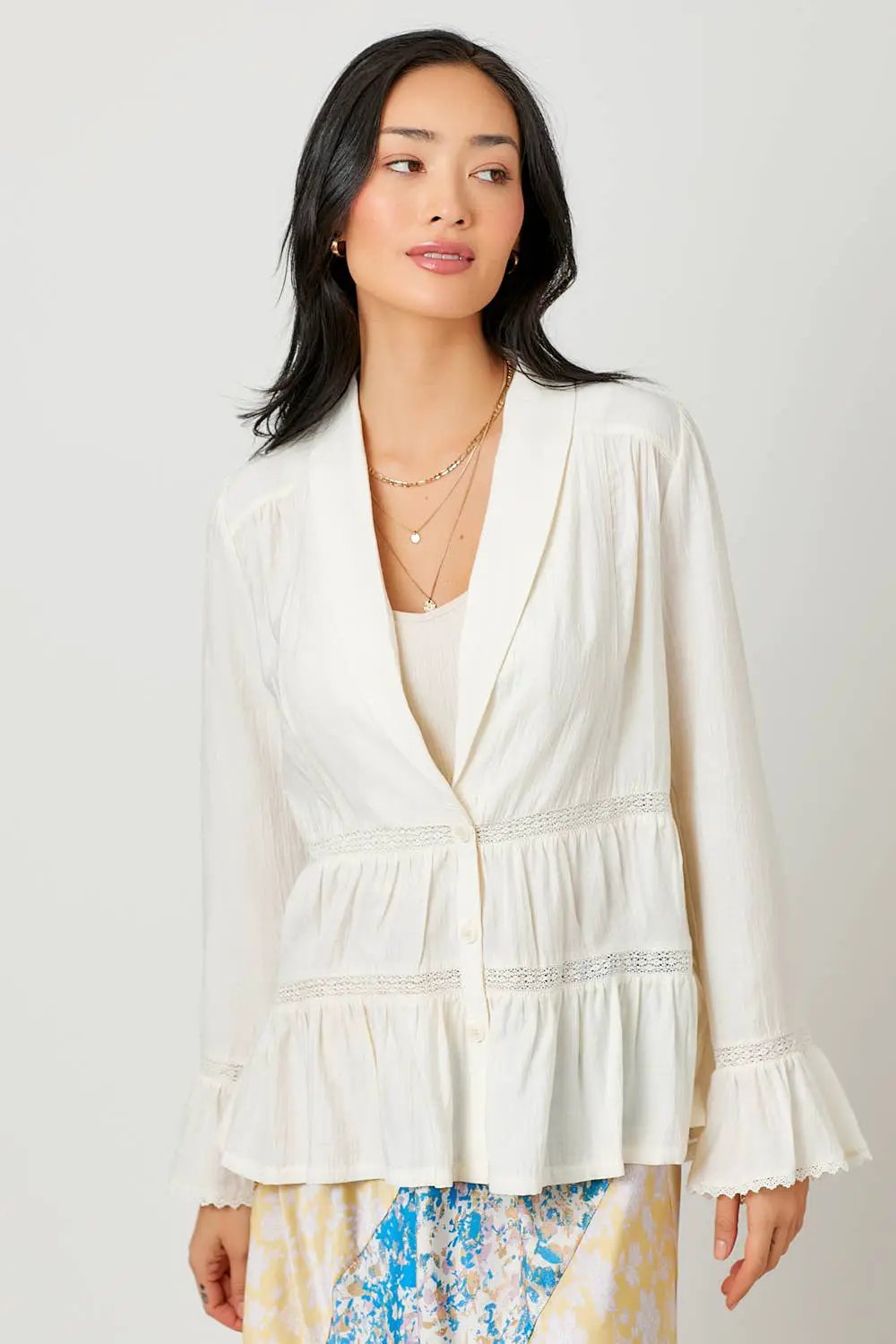 Mystree The Whispering Willow Tiered Lace Button-Down Blazer - Blouses