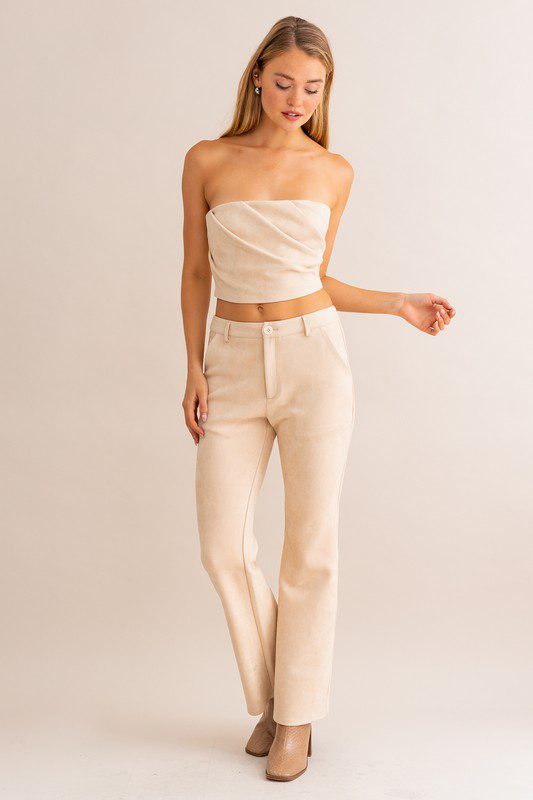 Beige crop top and pants outfit.