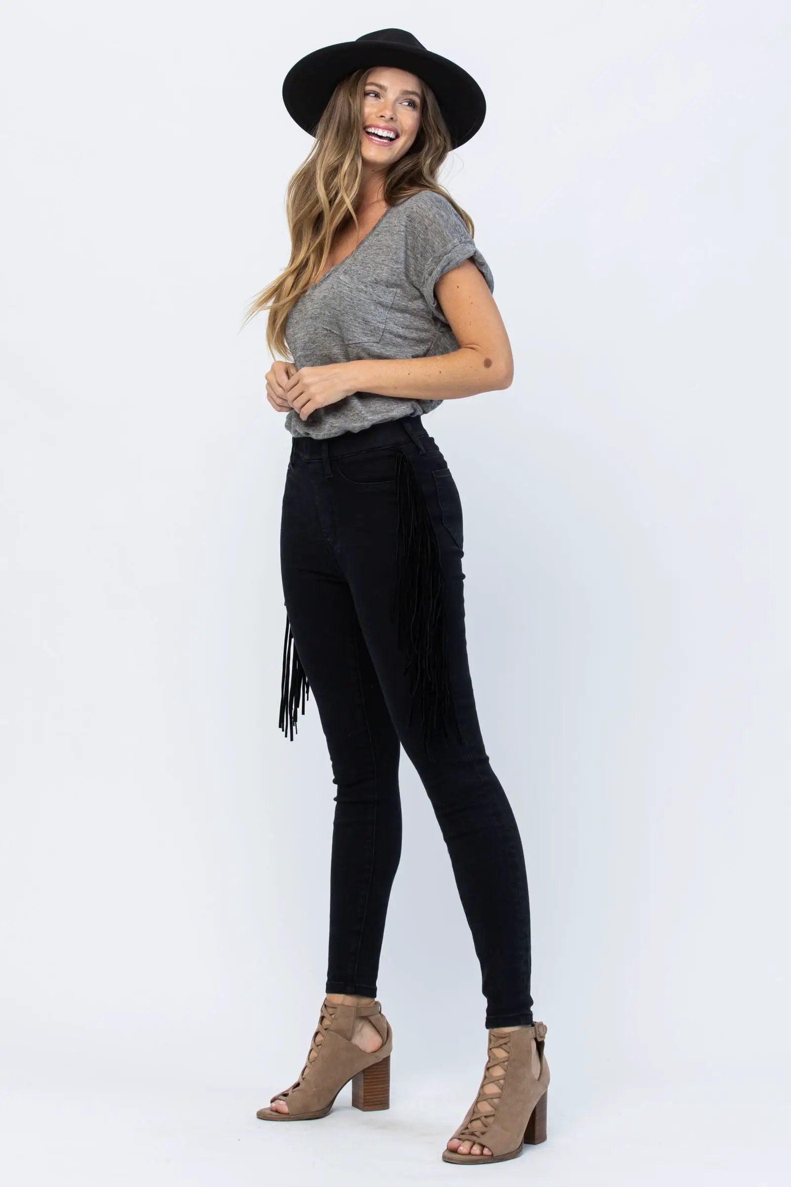 Judy Blue The Side Fringe Skinny Mid Rise Jegging - Jeans Judy Blue Black Jeggings with Side Fringe Skinny Leg MId Rise