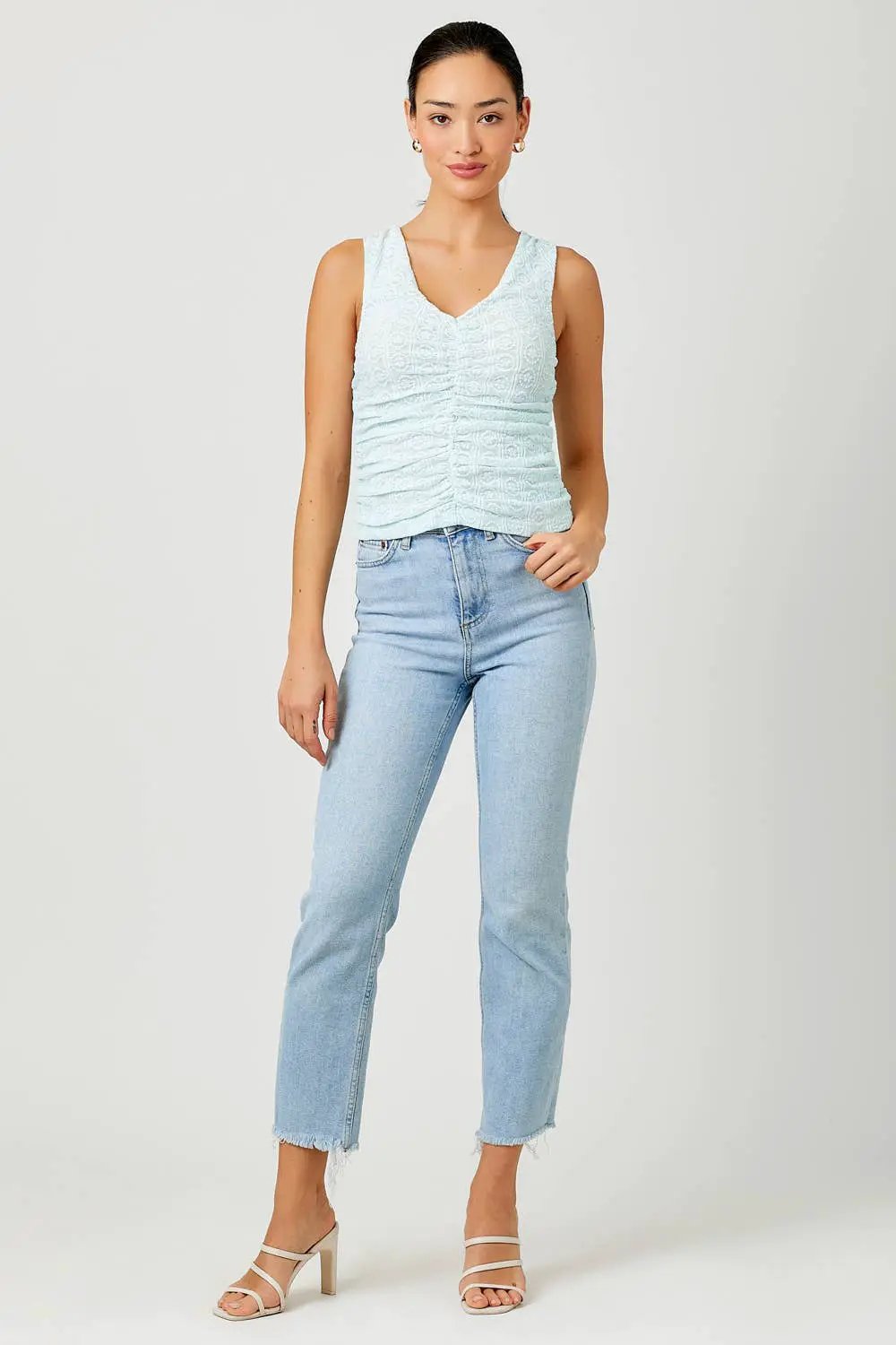 Mystree Mystree - Ice Garden Ruched V-Neck Tank Top - Tank Tops