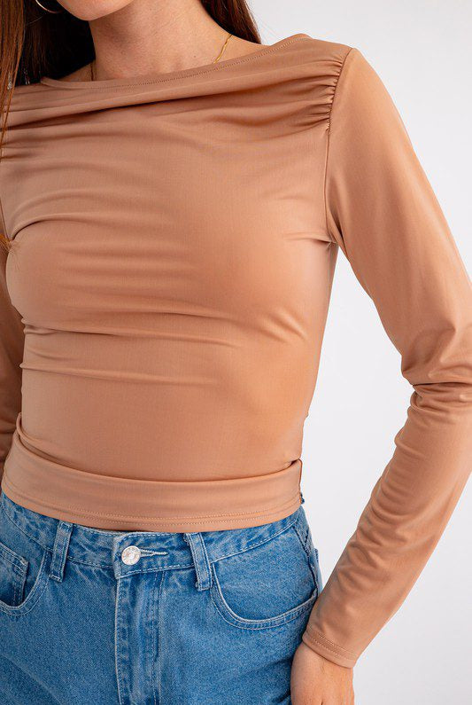 Here's an alt tag for the image: Brown long-sleeve fitted top.