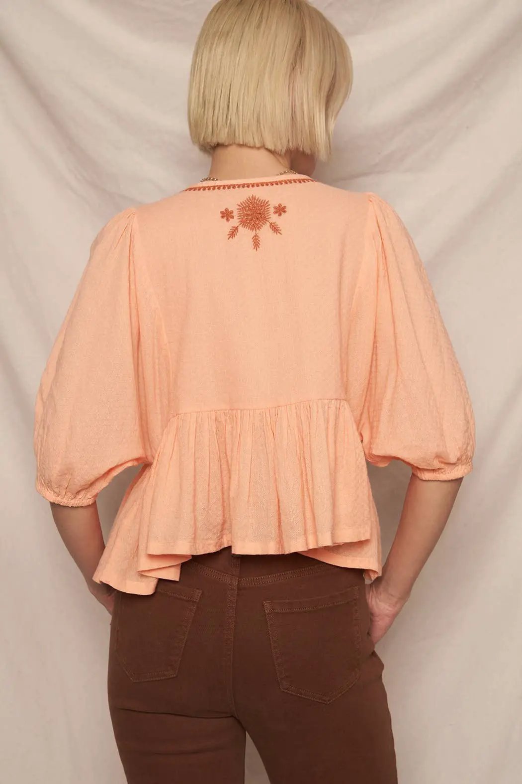 En Crème En Crème Coral & Rust Puff Sleeve Peplum Top with Embroidery Detail - Blouses Spring summer tops
