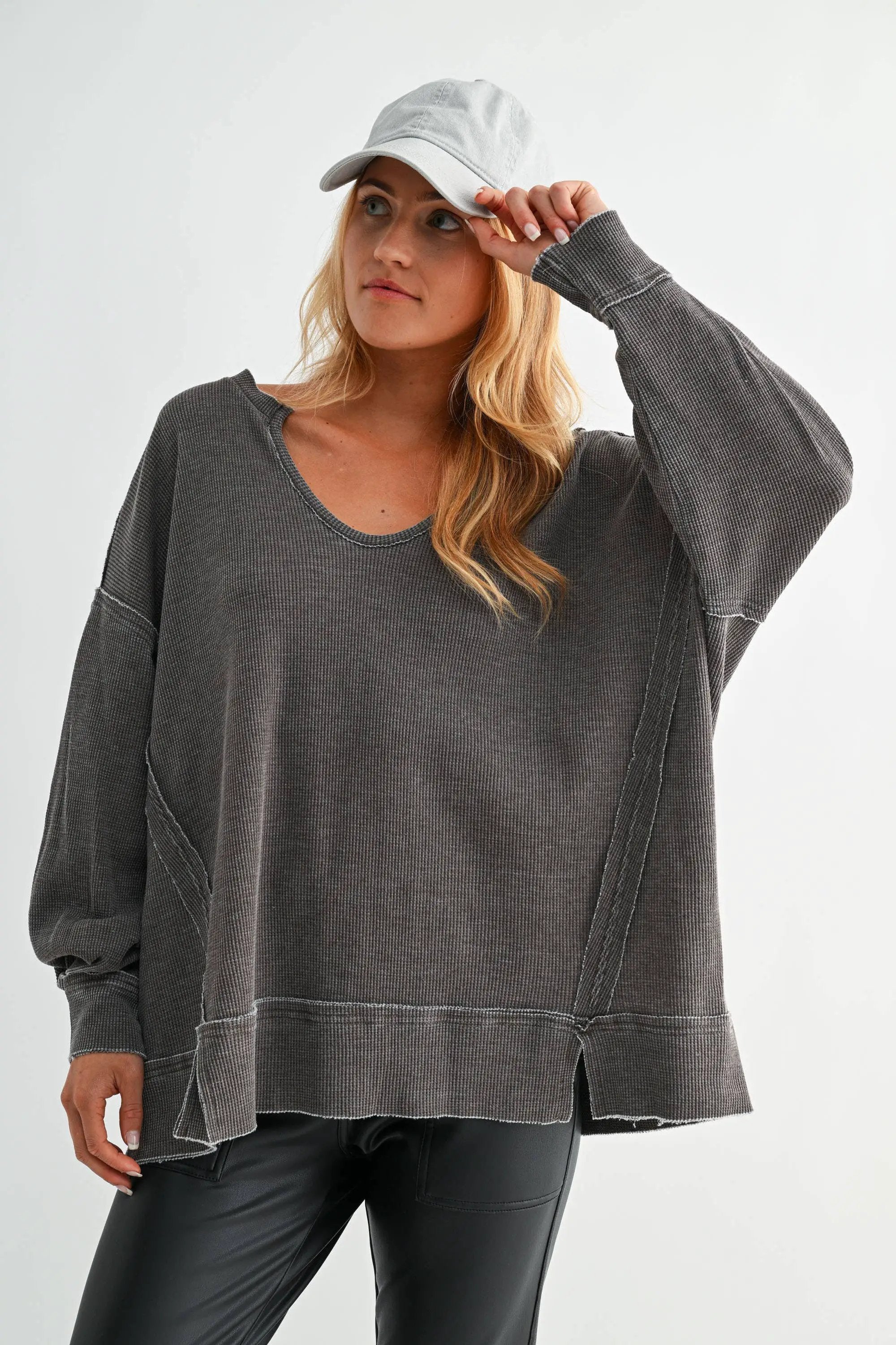Mono B Mono B - Cotton Blend Waffle Knit Oversized Long Sleeve - Sweatshirts Mono B - Cotton Blend Waffle Knit Oversized Long Sleeve