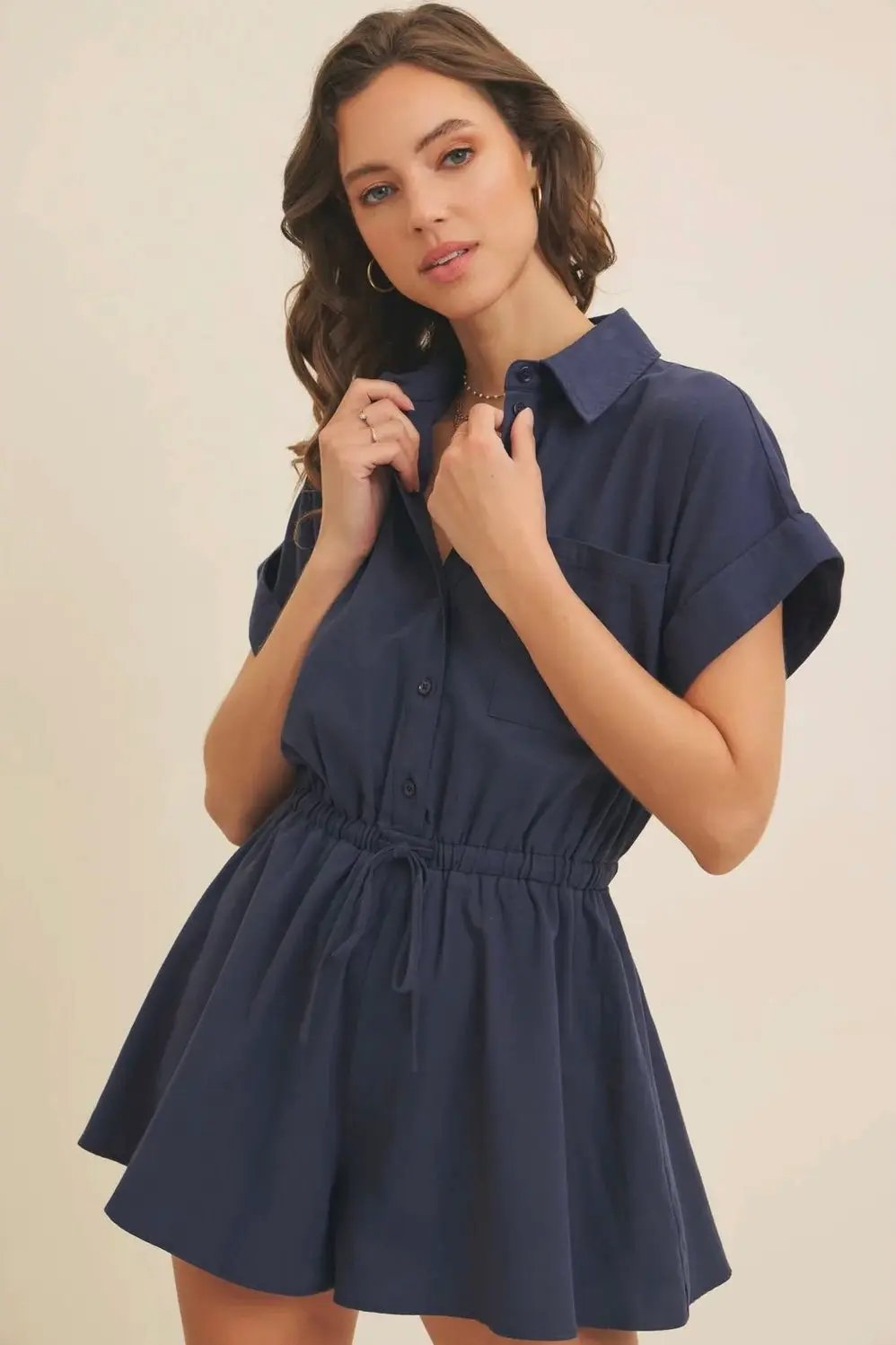 in february The Oxford Navy Cotton Twill Button-Down Romper - One-Pieces