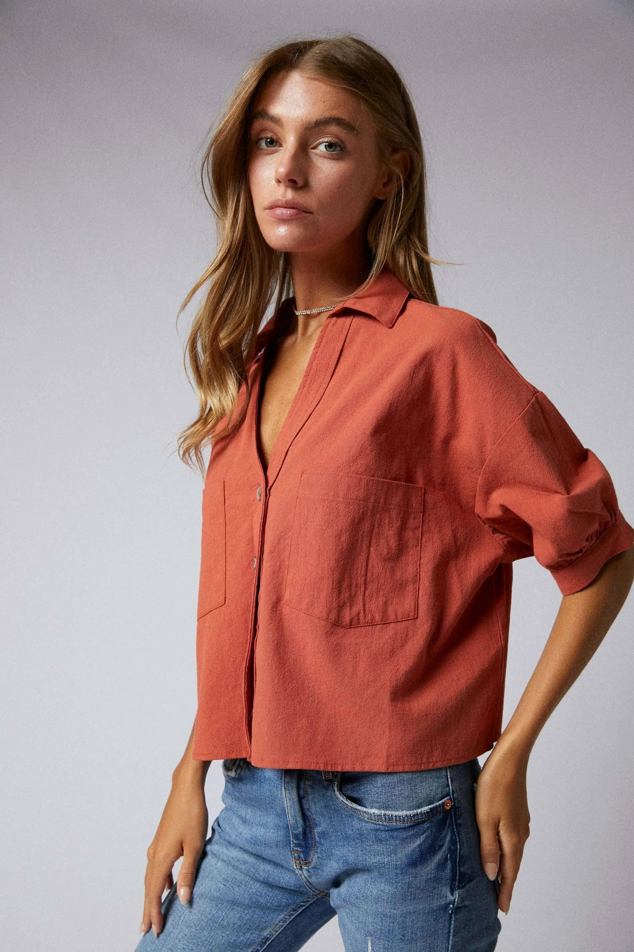 Cerule Elbow Sleeves Button Down 2 Pocket Crop Shirt - Shirts