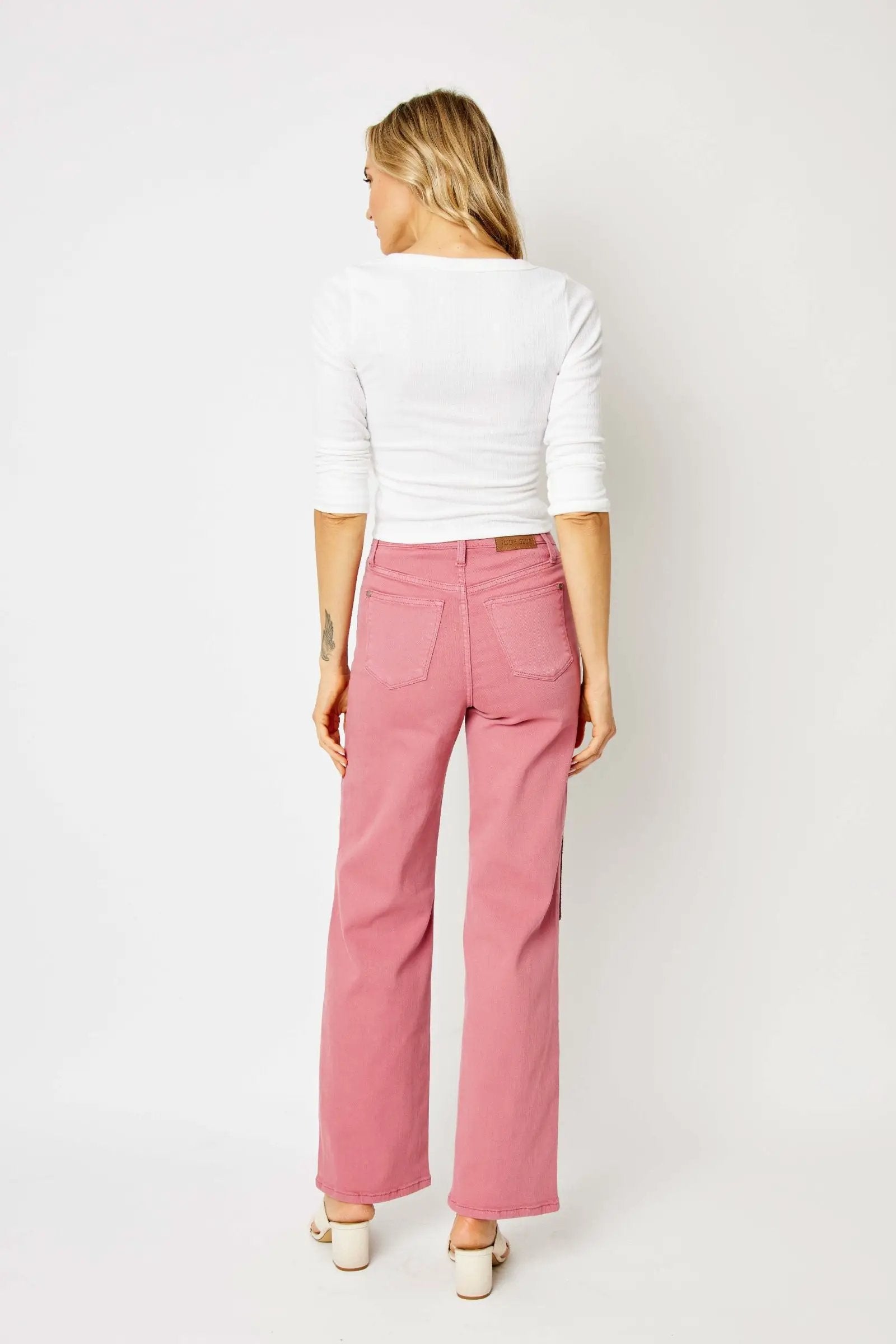 Grateful Threads Boutique Judy Blue High Waisted Dyed Crochet Patches Wide Dusty Rose Jeans - Jeans Judy Blue High Waisted Dyed Crochet Patches Wide Dusty Rose Jeans
