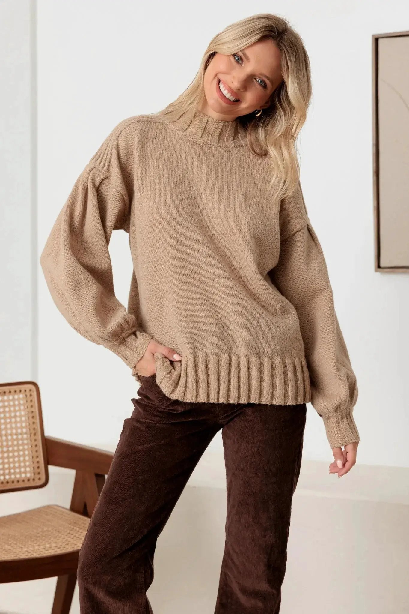 New In Light Mocha Knit Crew Neck Long Puff Sleeve Sweater - Sweaters