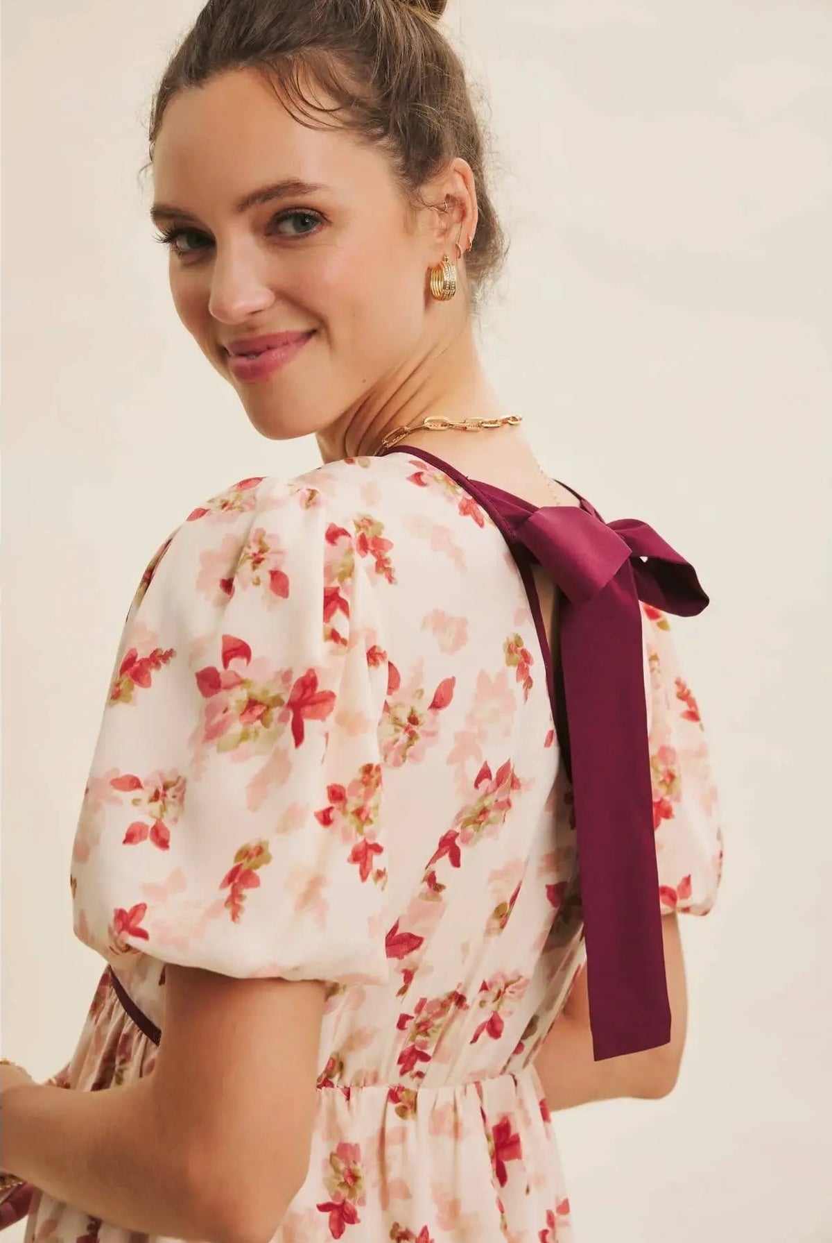 in february The Utterly Darling Cranberry Bubble Sleeved Mini Dress With Contrast Bow - Sweaters