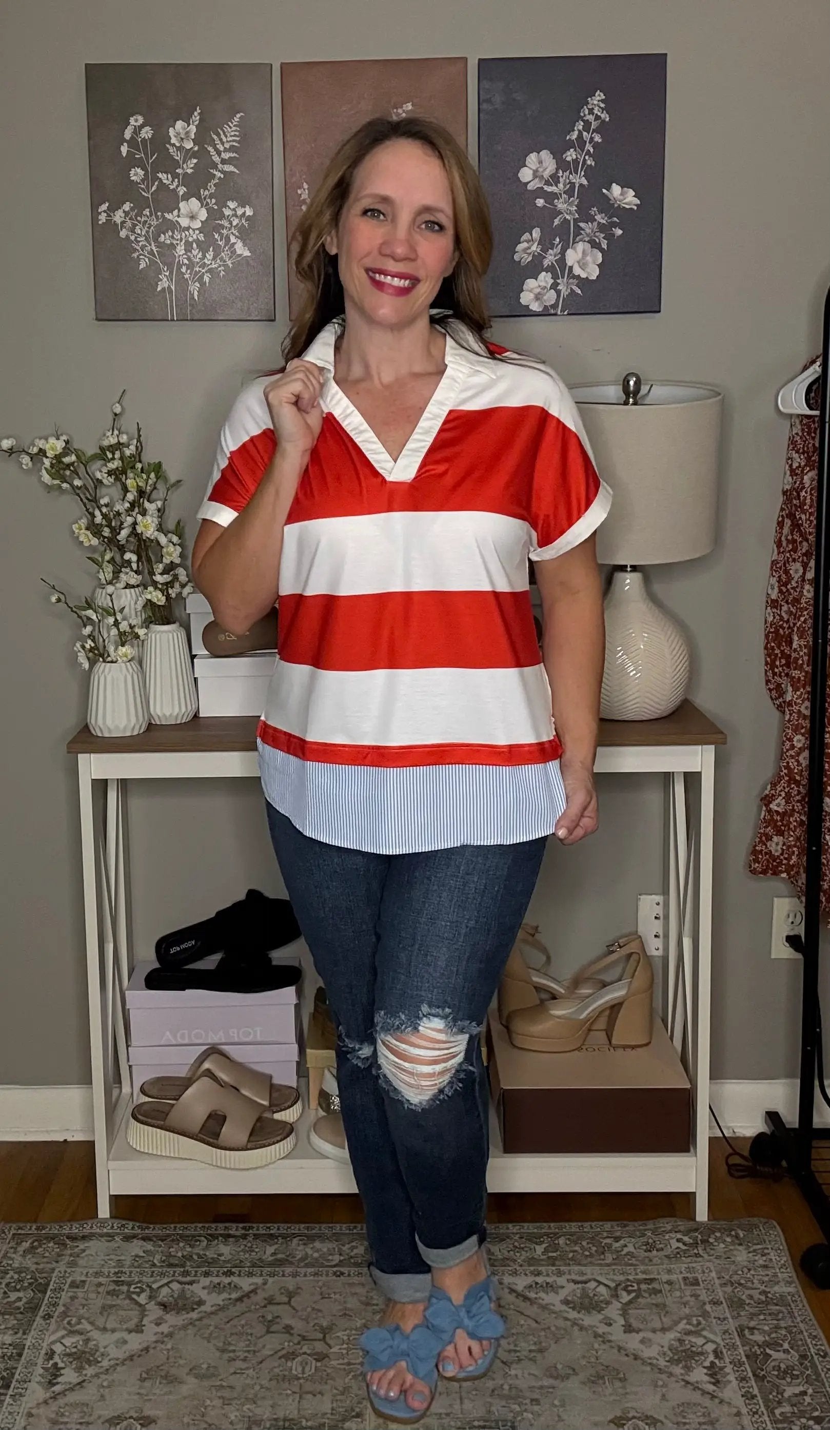 Grateful Threads Boutique Red Stripe Collar V Neck Cuffed Dolman Short Sleeve Top - Clothing Tops red stripe collar v neck