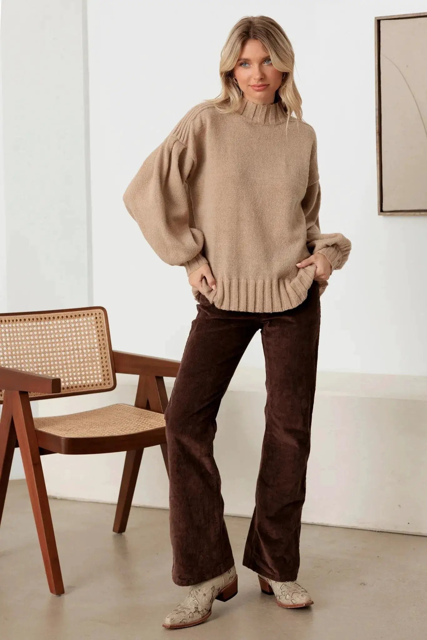 New In Light Mocha Knit Crew Neck Long Puff Sleeve Sweater - Sweaters