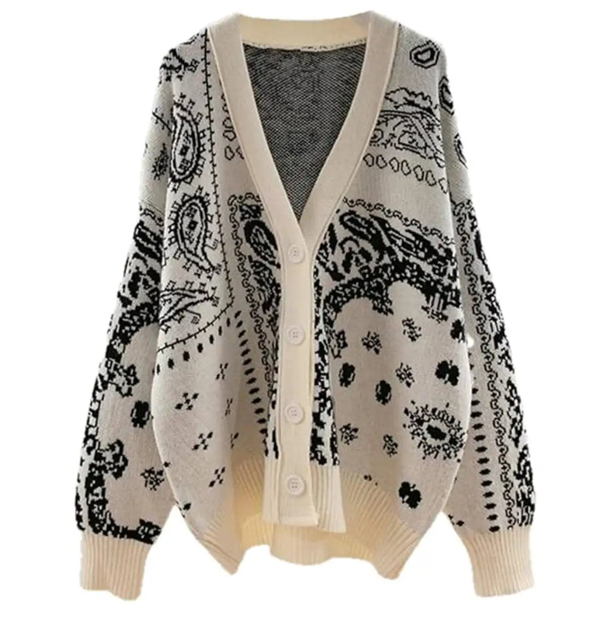 Grateful Threads Boutique Cream & Black Chunky Bandana Knit Oversized Cardigan - Cardigans