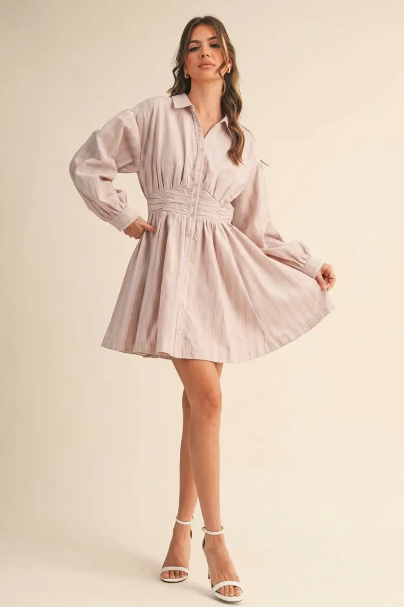 &MERCI Blushing Stripes Ruched Waist Mini Dress - Dresses