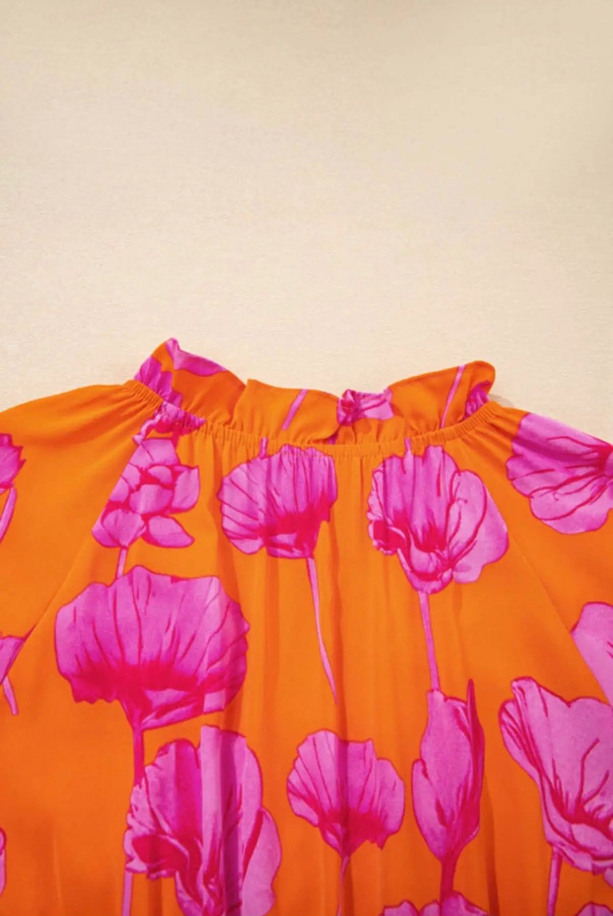 Grateful Threads Boutique Orange Floral Print Frilly Smocked V Neck 3/4 Sleeve Long Dress - Dresses Orange Floral Print Frilly Smocked V Neck 3/4 Sleeve Long Dress