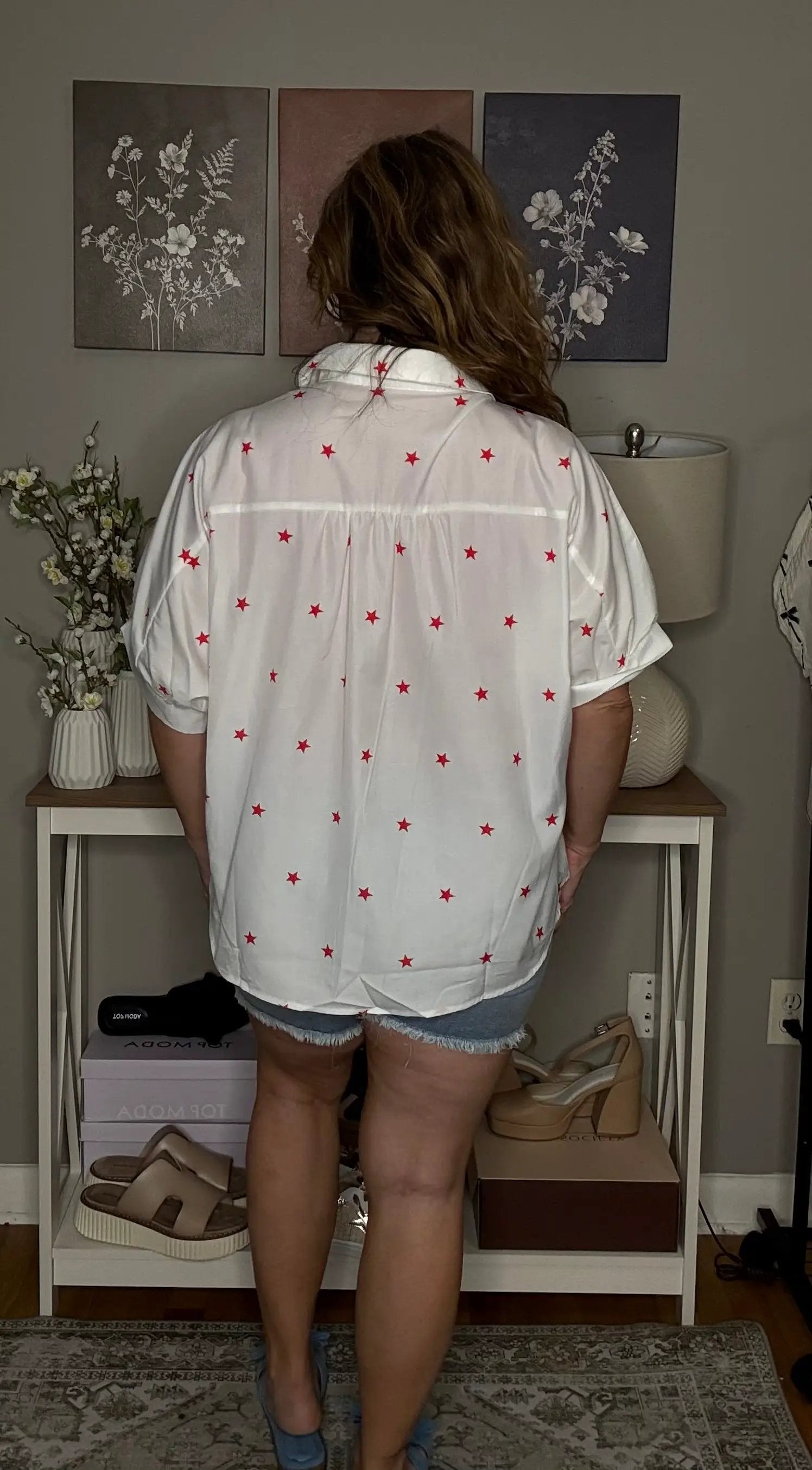 Grateful Threads Boutique White Red Little Stars Half Sleeve Shirt - Shirts white red little stars blouse