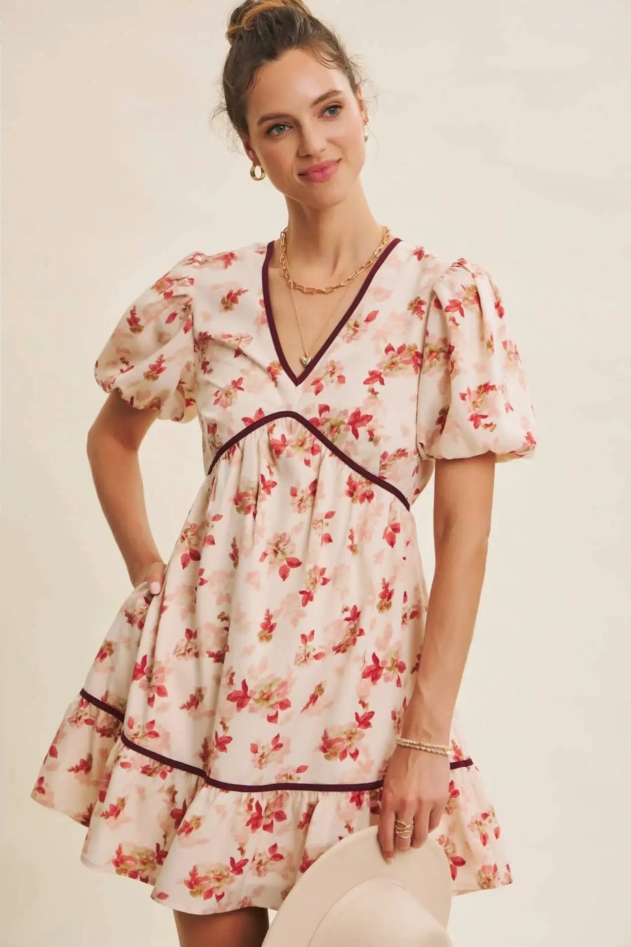 in february The Utterly Darling Cranberry Bubble Sleeved Mini Dress With Contrast Bow - Sweaters