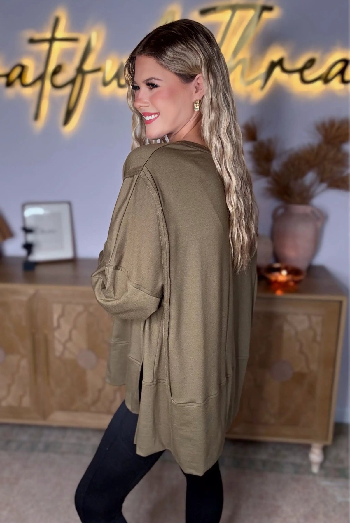 Grateful Threads Boutique Olive You Forever Oversized Top - Sweatshirts Top