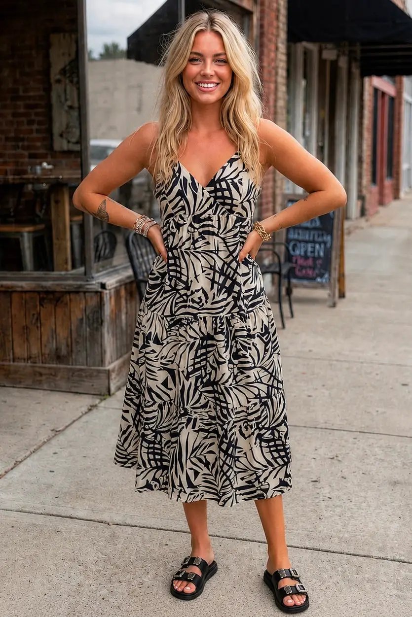 Grateful Threads Boutique Khaki Tropical Palm Print Wrapped V-Neck Spaghetti Straps Tiered Dress - Dresses Khaki Tropical Palm Print Wrapped V Neck Spaghetti Straps Tiered Dress