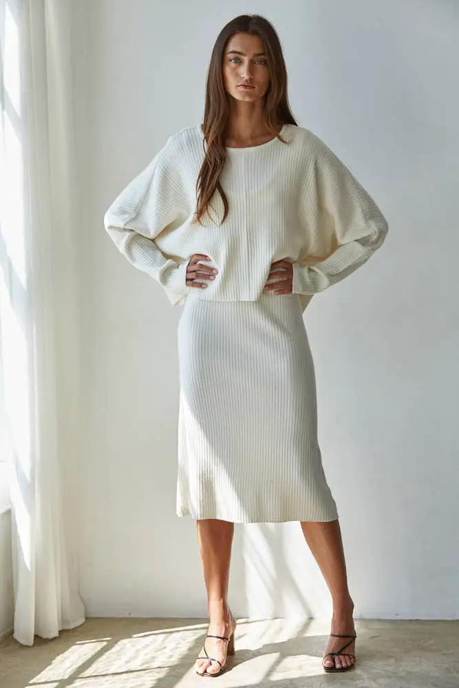 By Together Knit Sweater Ribbed Round Neck Long Sleeve Top in Cream - Sweaters Knit Sweater Ribbed Round Neck Long Sleeve Top