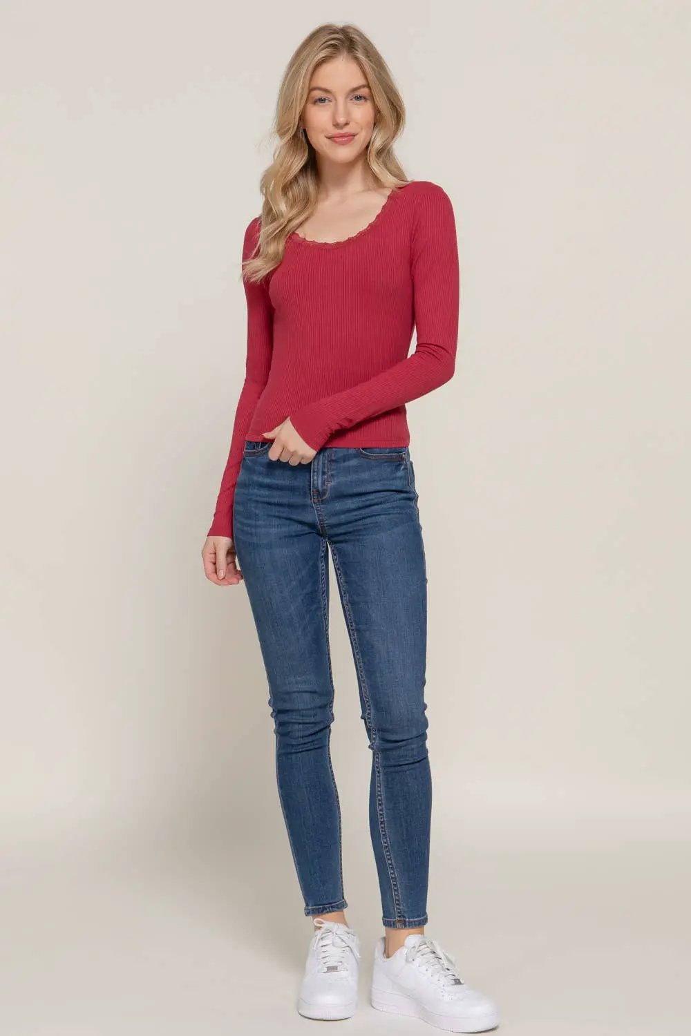 Active Basic | Active USA Active Basic | Active USA - Long Sleeve Scoop Neck with Lace Trim Rib Knit Top in Army Olive - Sweaters