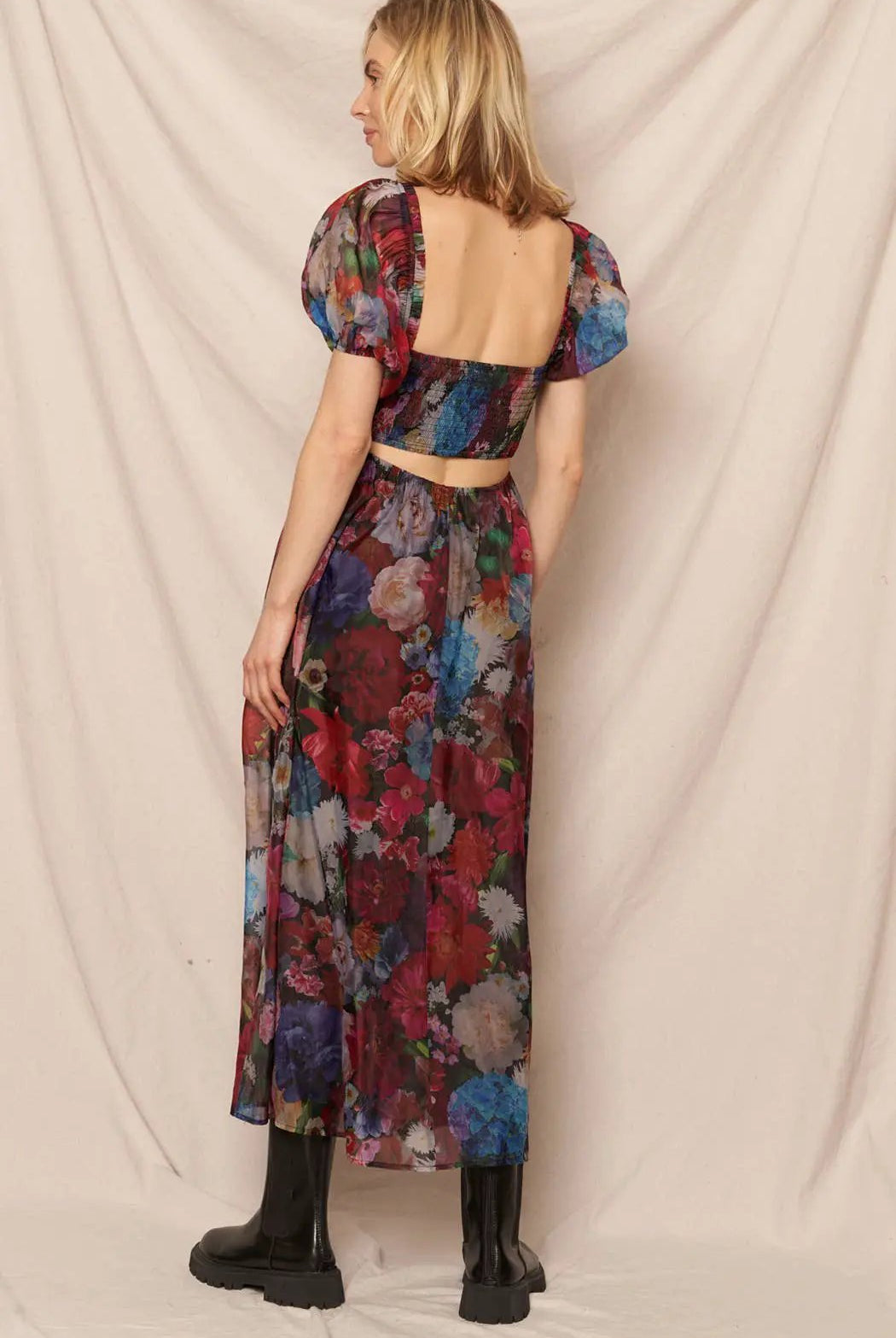 En Crème En Crème Black Multi Puff Sleeve Floral Midi Dress - Dresses