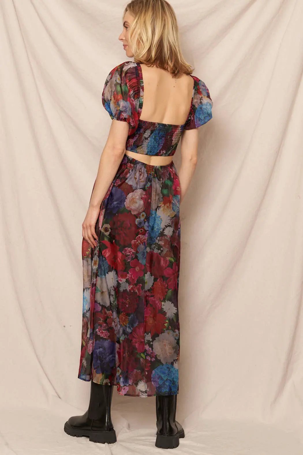En Crème En Crème Black Multi Puff Sleeve Floral Midi Dress - Dresses