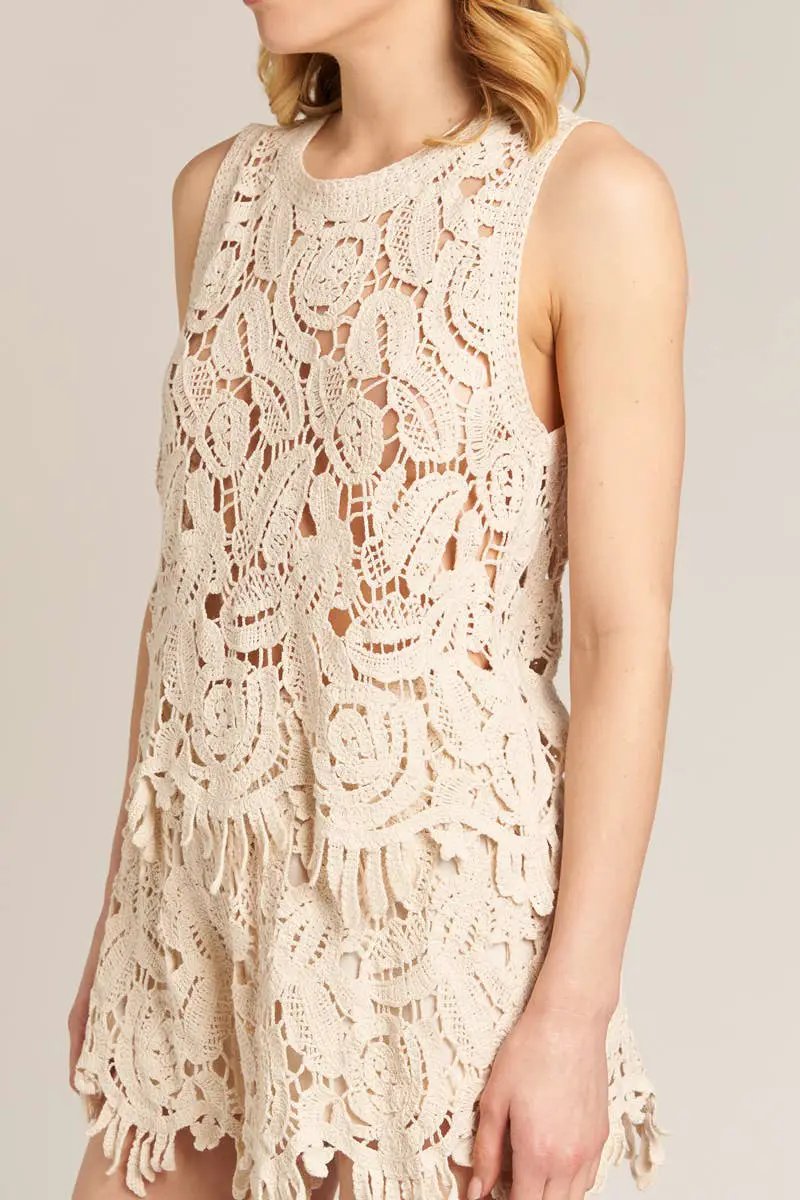 En Crème En Crème Sleeveless Beige Crochet Top and Shorts Set - Outfit Sets