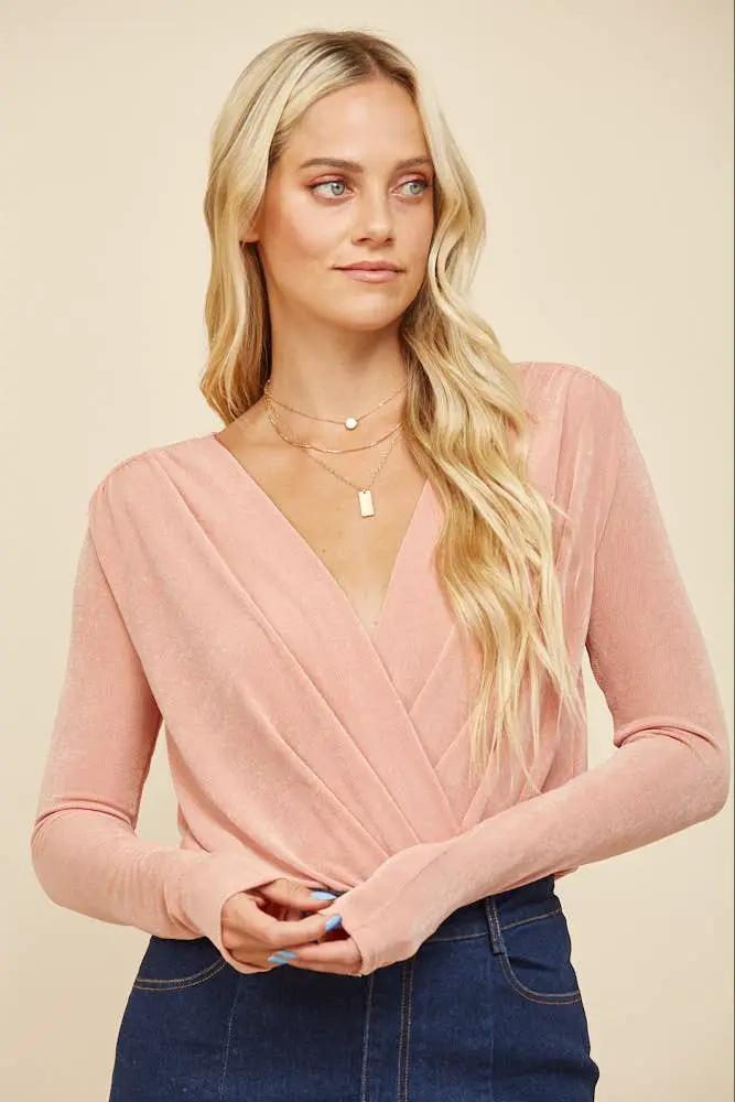 WISTERIA LANE Wisteria Lane - Soft Blush Slinky Surplice Long Sleeve Bodysuit - Bodysuits