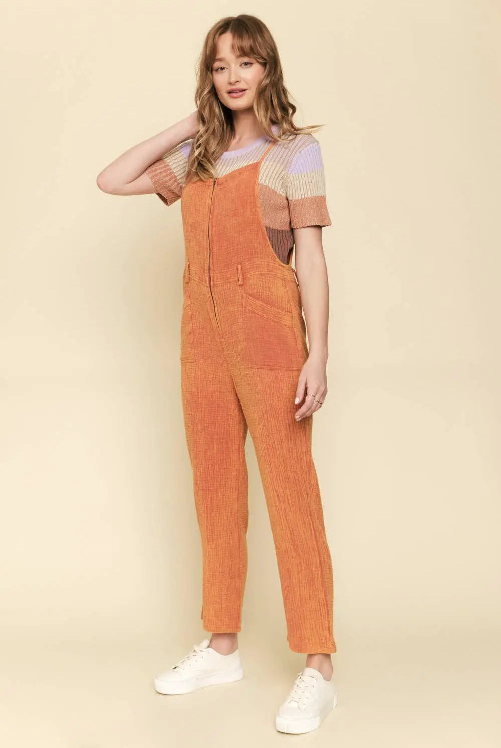 Mystree Mystree Washed Zip-Up Overall in Tangerine - One-Pieces